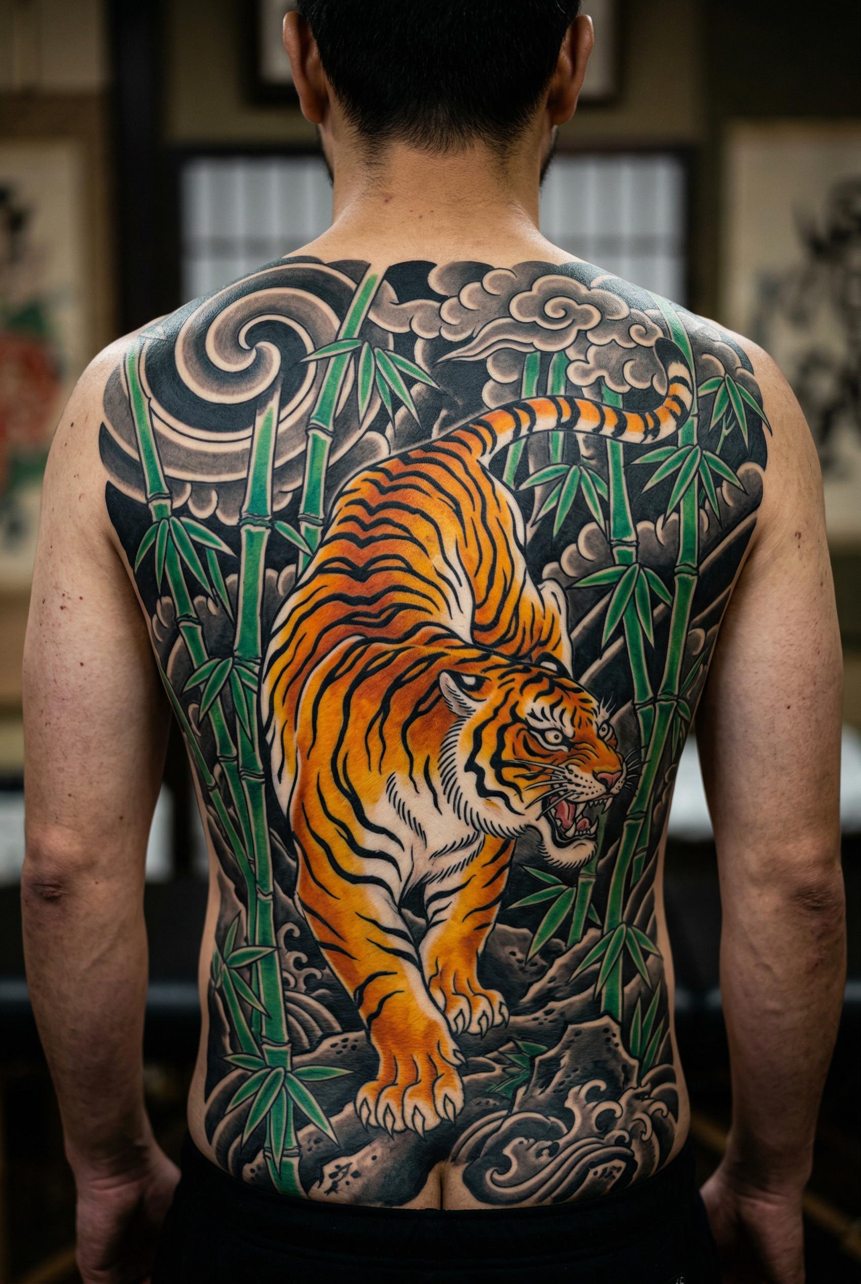A traditional Japanese-style tiger tattoo prowling through a dense bamboo forest on a full back piece, the tiger rendere
