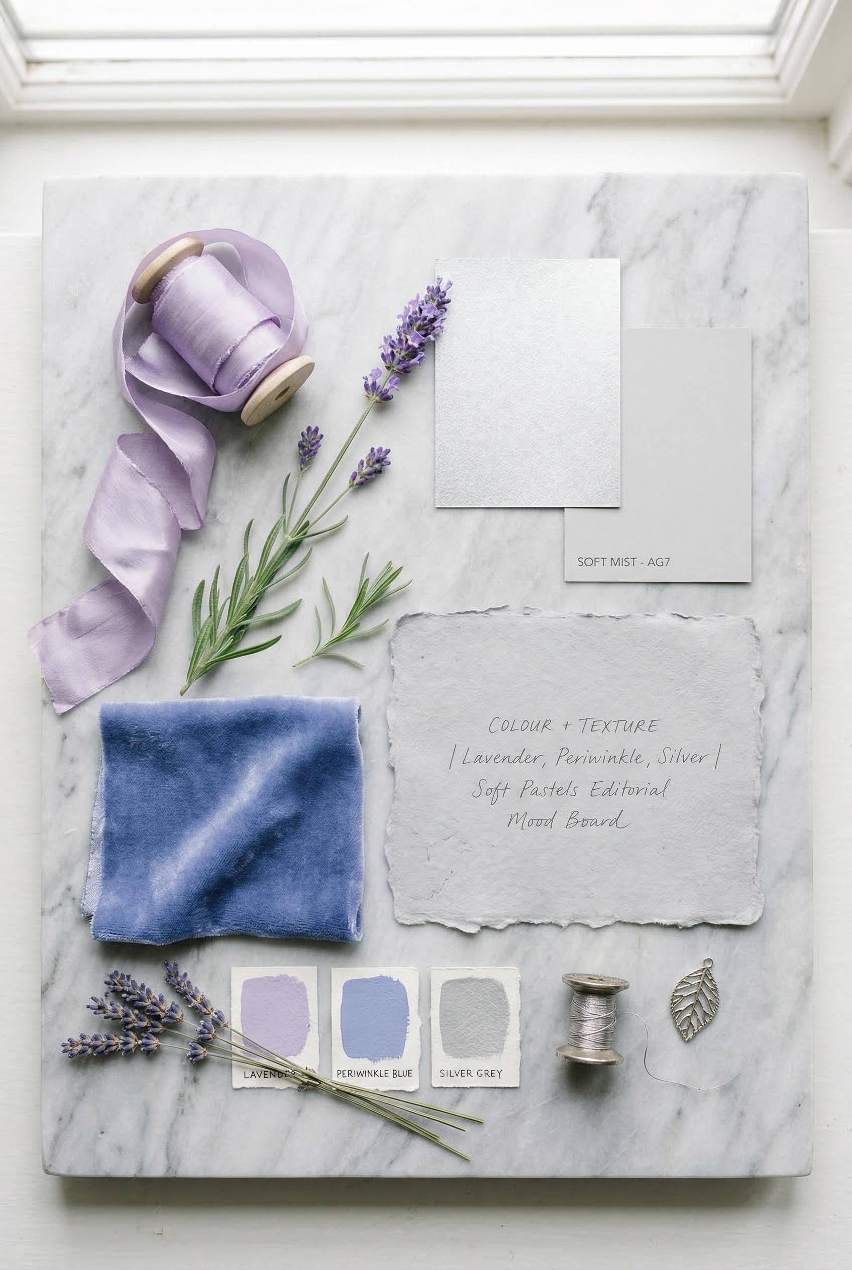 A styled vignette mood board featuring color swatches and tactile elements in soft lavender, periwin