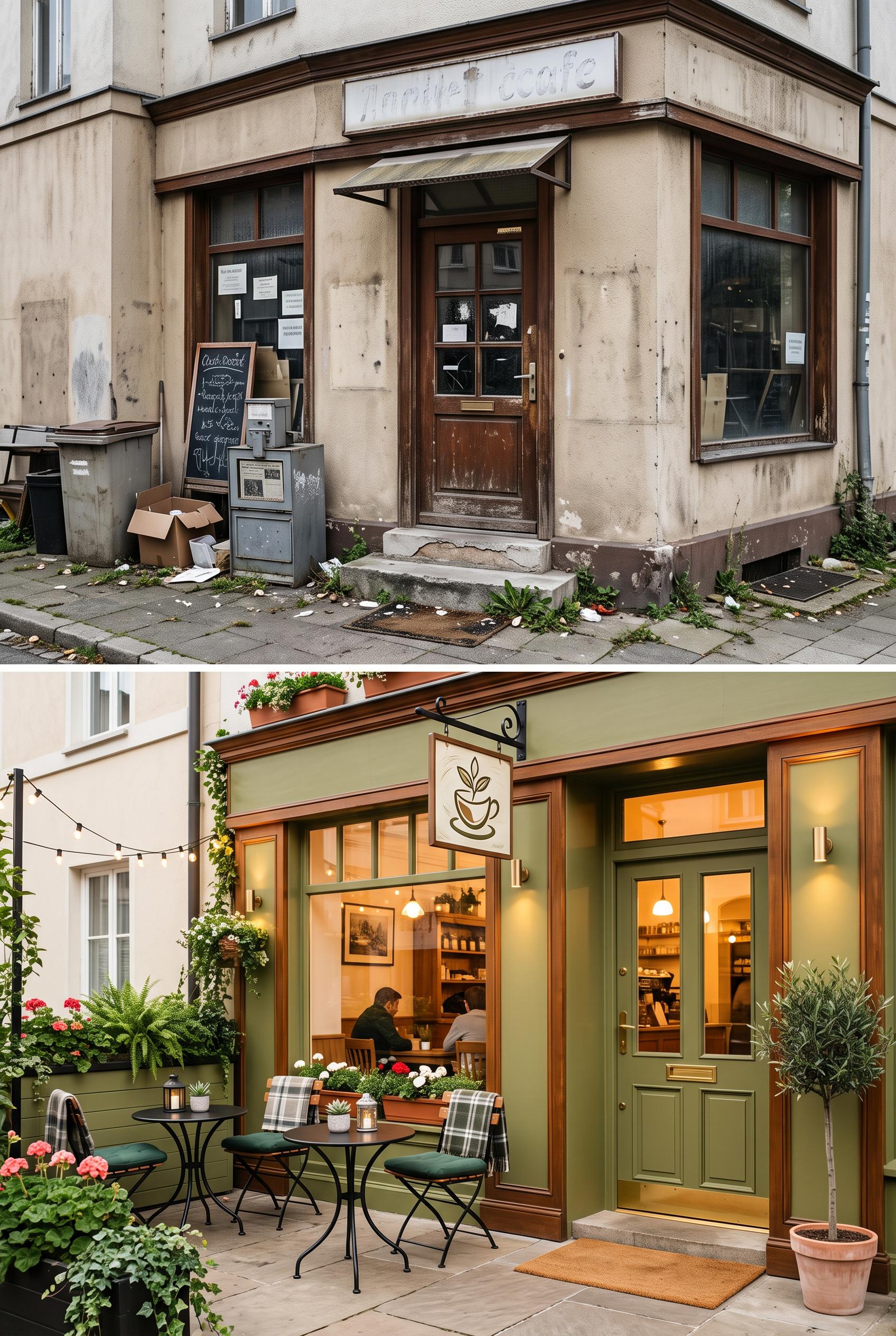 Split image of a local cafe entrance before (cluttered and dull) and after (cozy, inviting with outdoor sea...