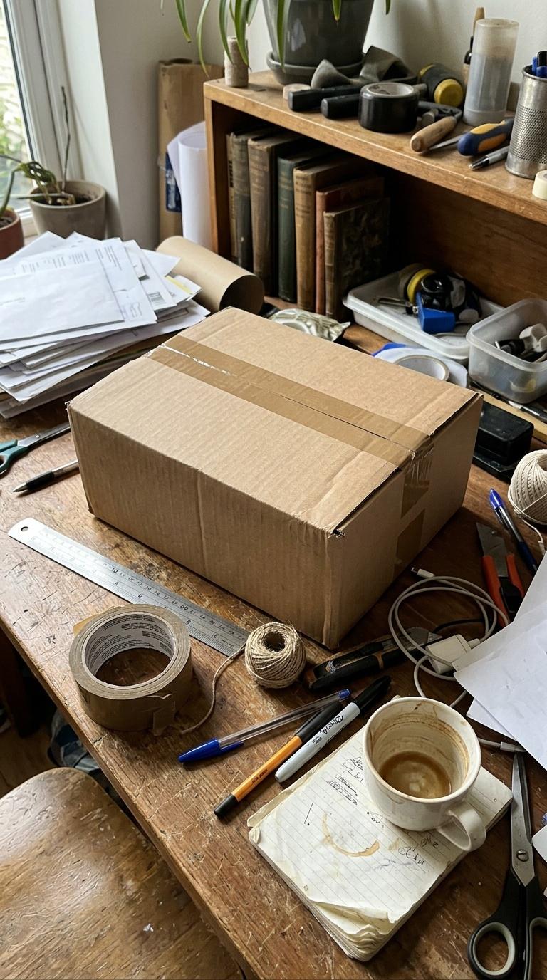 Amateur handheld phone photo of plain product packaging on a cluttered work table, imperfect angle a