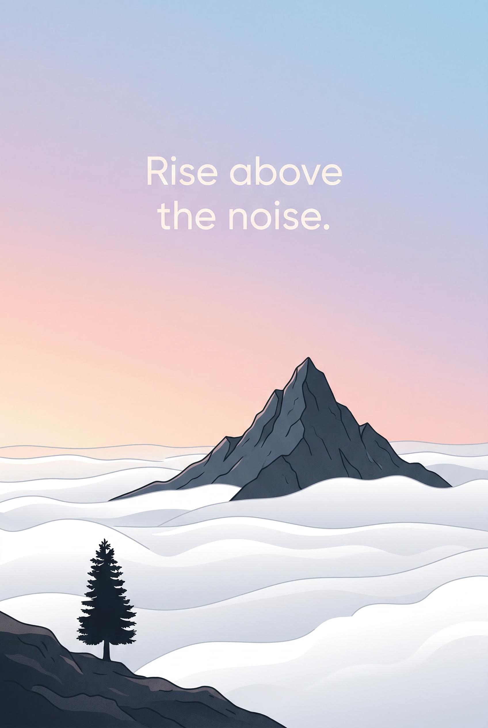 A minimalist illustration of a sharp mountain peak rising above a smooth sea of white clouds at sunr
