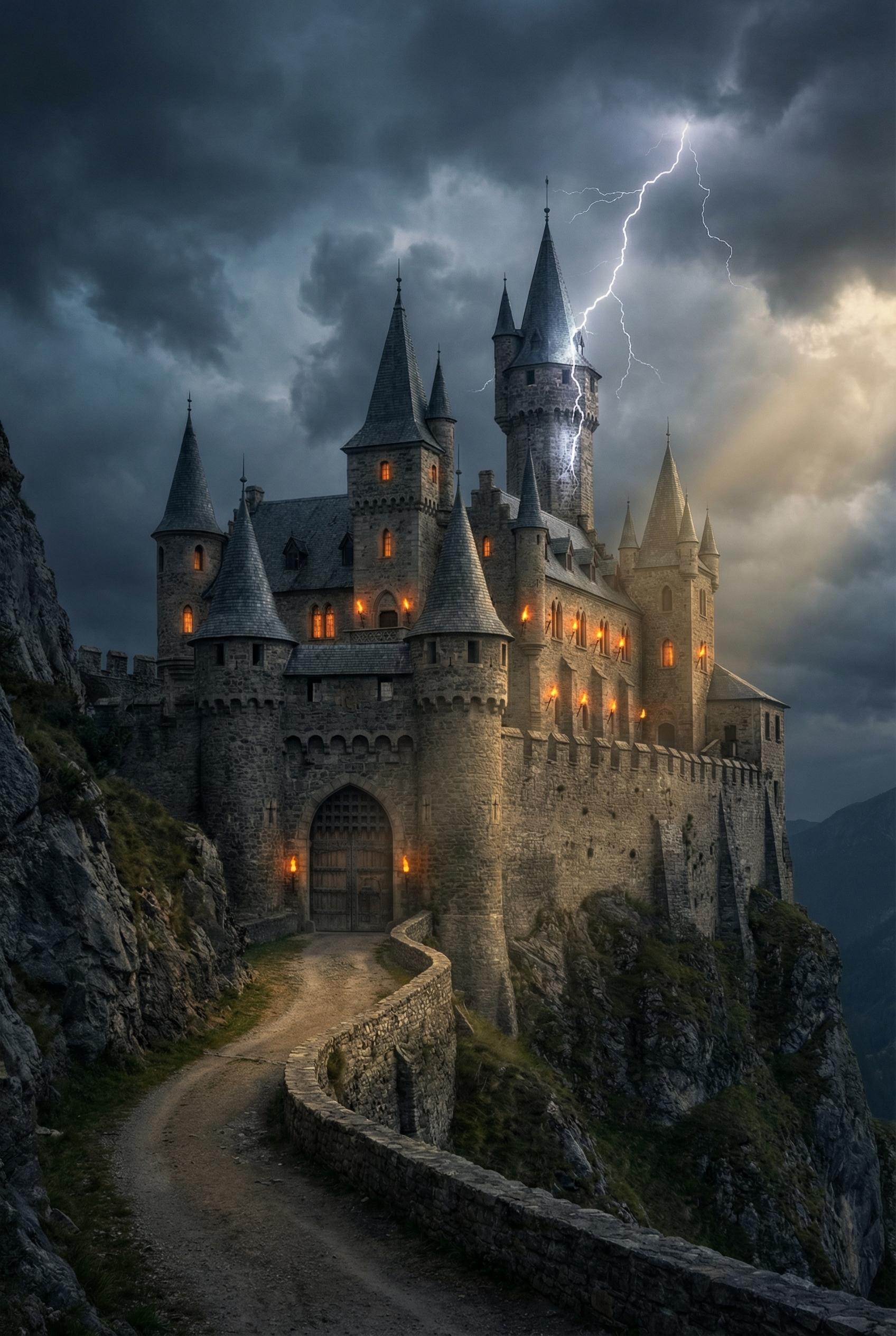 Epic medieval castle perched on mountain cliff, dramatic storm clouds gathering, lightning illuminat
