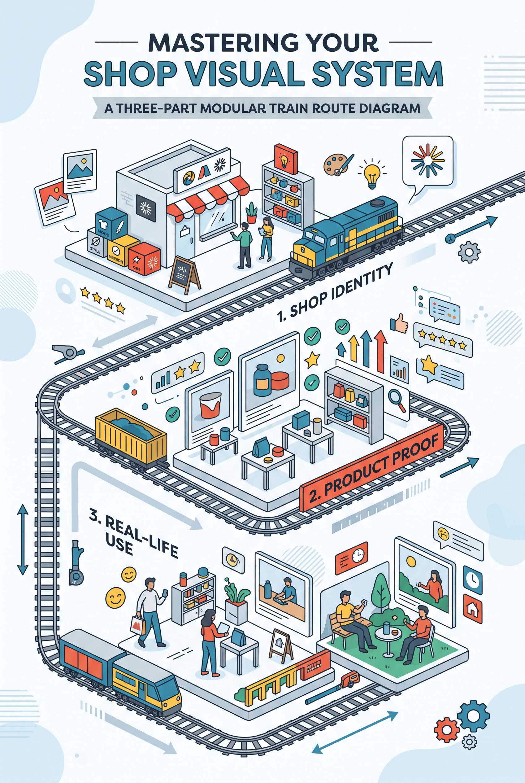 Create a commercial-quality vertical 2:3 Pinterest composition explaining a three-part shop visual s