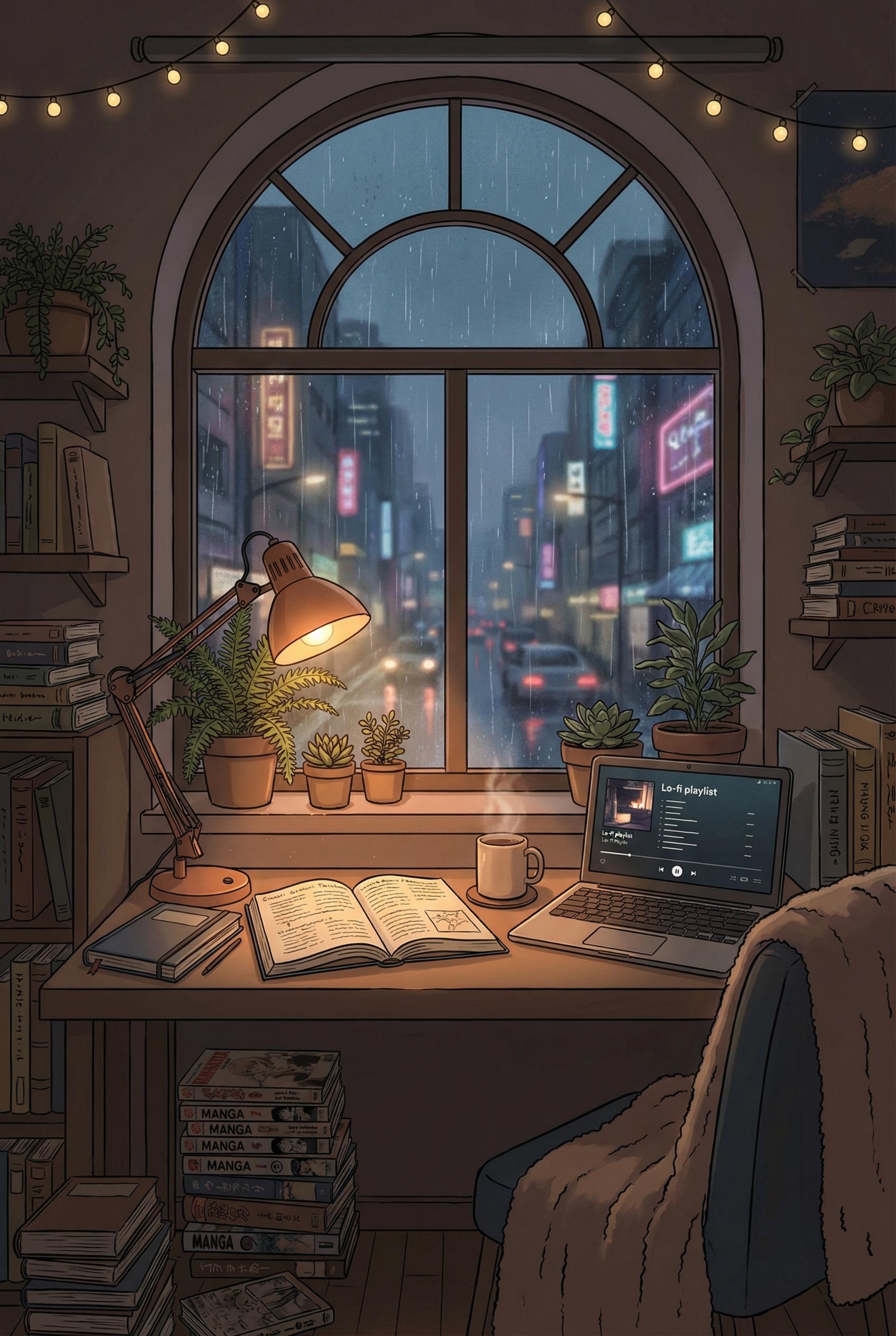 Cozy anime bedroom with large window overlooking rain-soaked city streets, warm desk lamp illuminati