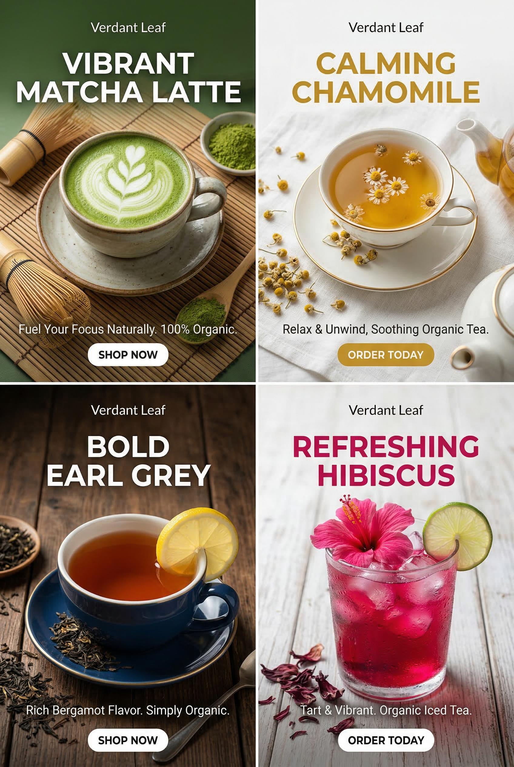 A 2x2 grid layout showing four different Facebook ad visual variations for an organic tea brand, top-left features vibra