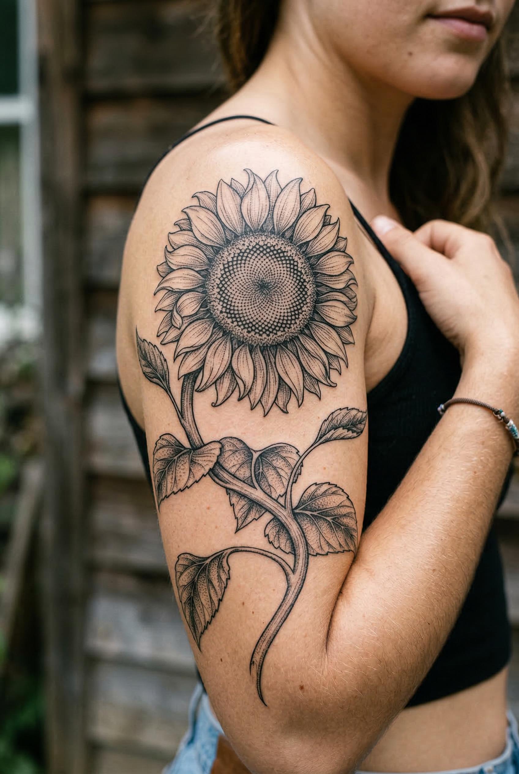 A detailed botanical illustration style sunflower tattoo wrapping around the upper arm, featuring a large sunflower head