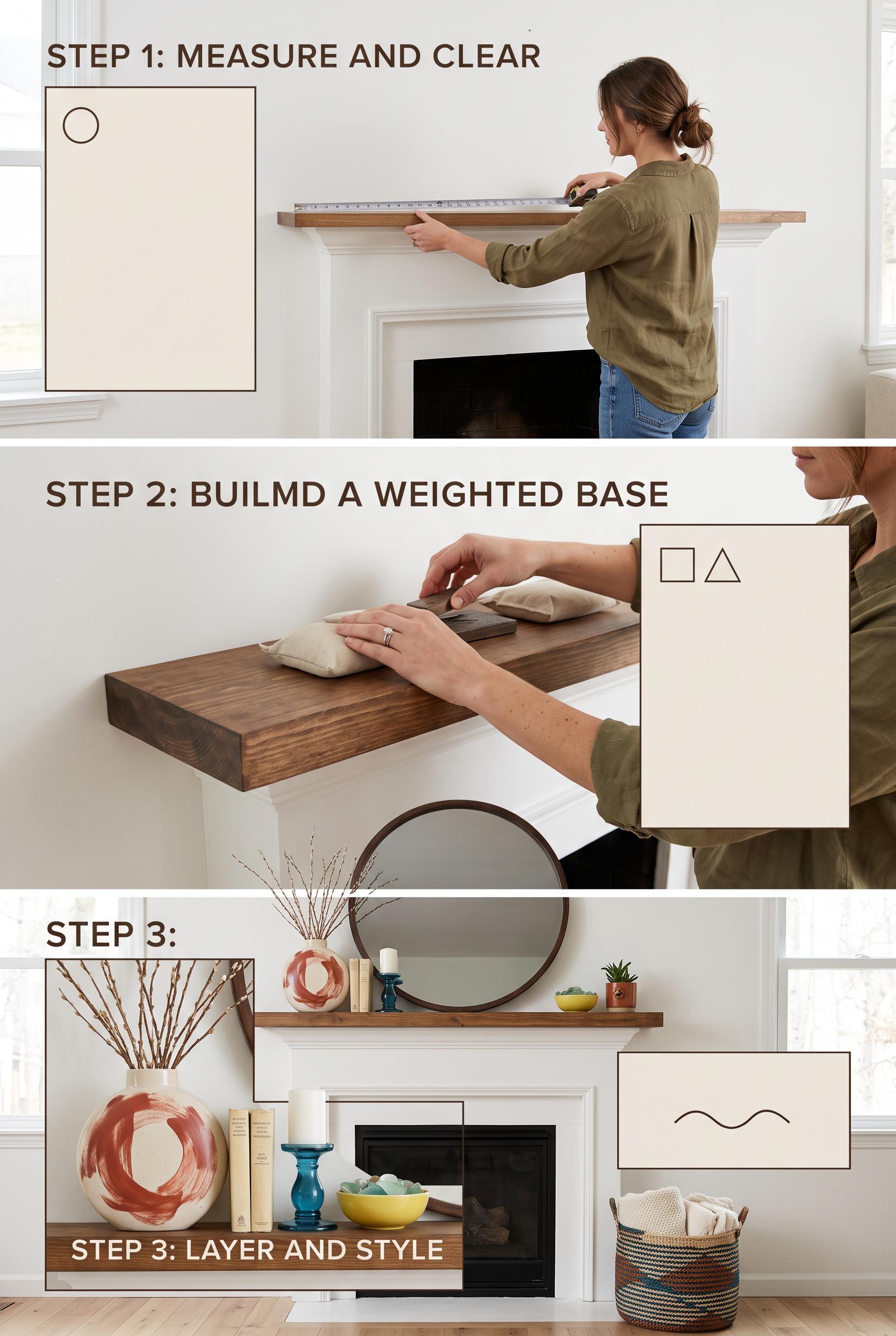 Create a commercial-quality interior styling tutorial in a vertical 2:3 Pinterest composition. Use a three-...