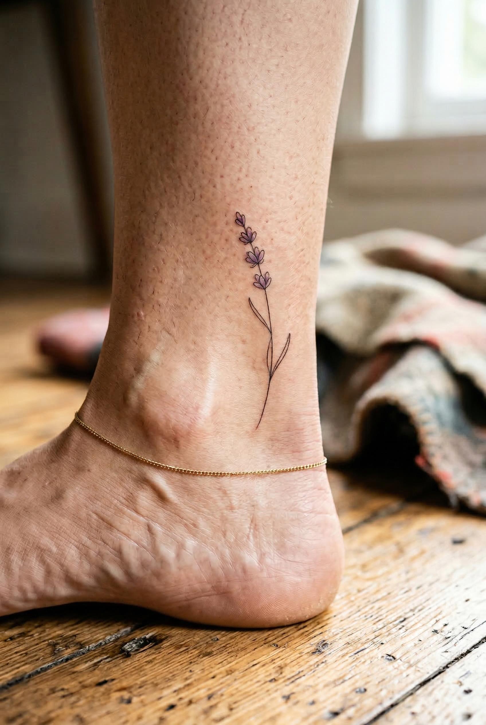 A tiny fine-line lavender sprig tattoo on the inner ankle, featuring 3-4 small lavender flower buds on a single delicate