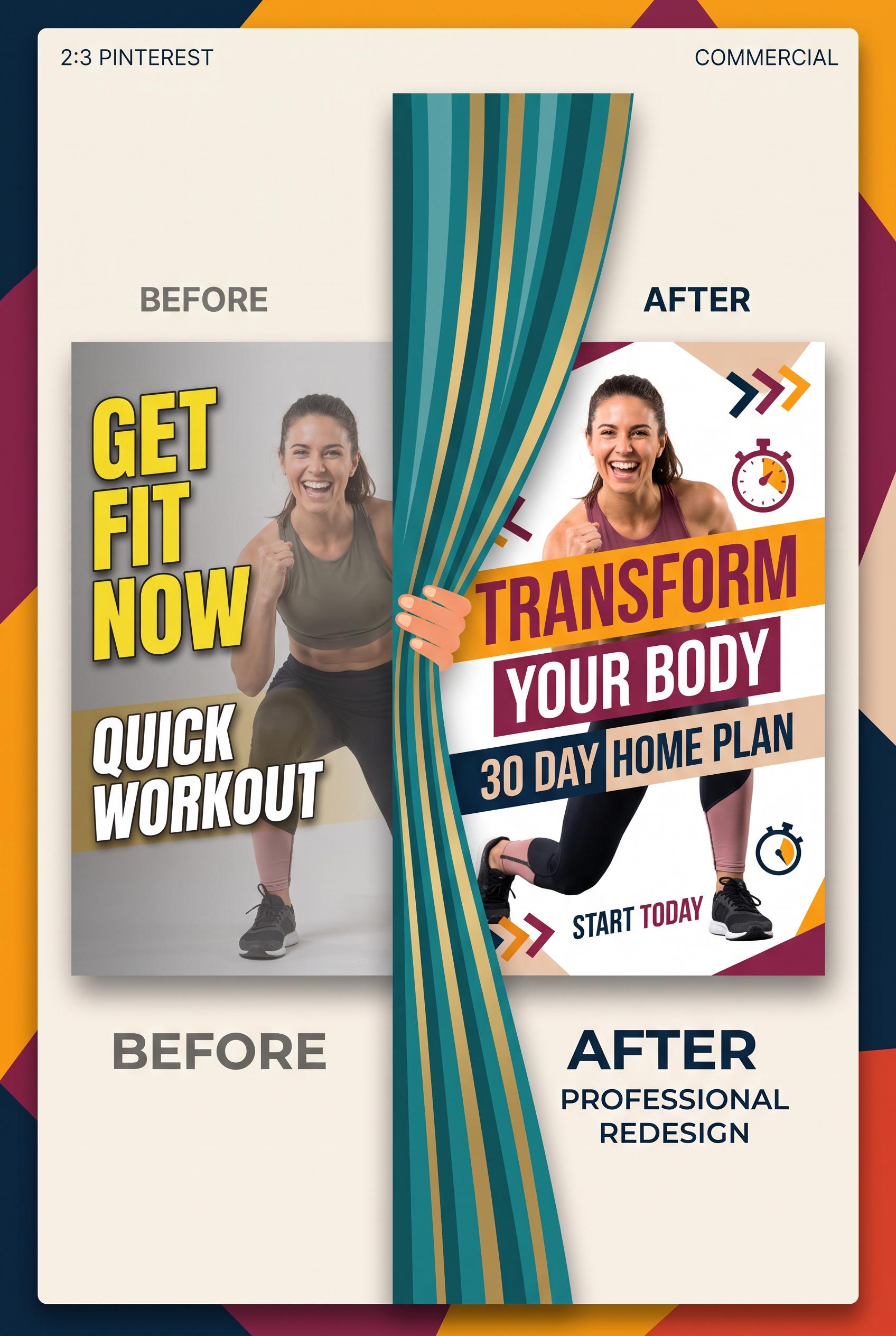 Create a commercial-quality vertical 2:3 Pinterest composition showing a before-and-after redesign o