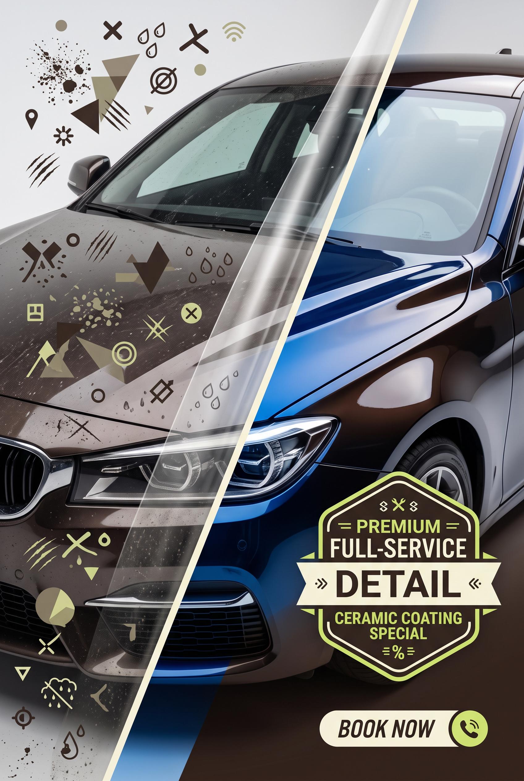 Commercial-quality Pinterest marketing visual for an independent auto detailing service, vertical 2:3 compo...