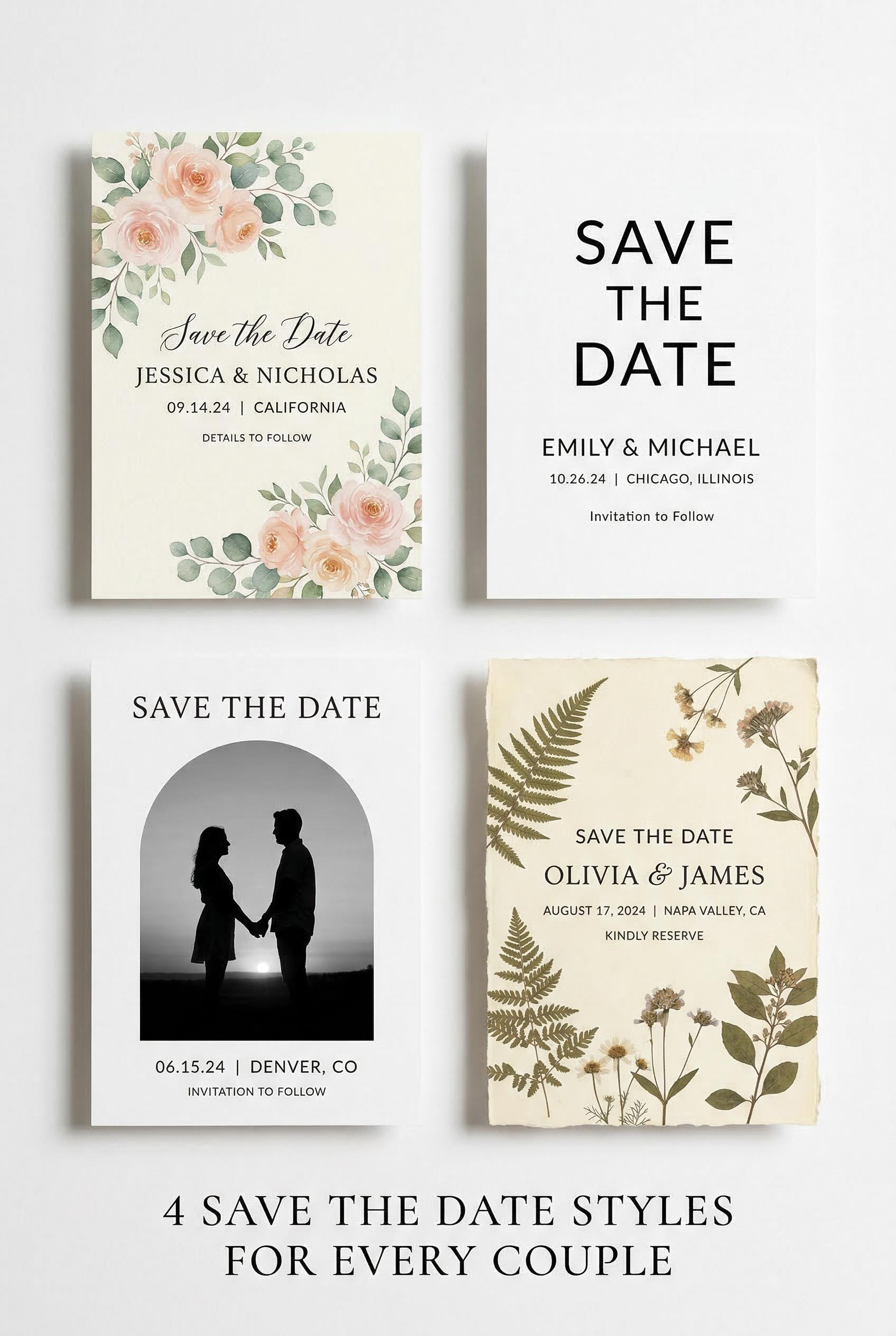 A clean 2x2 grid layout on a white background showcasing four different save-the-date card designs. 