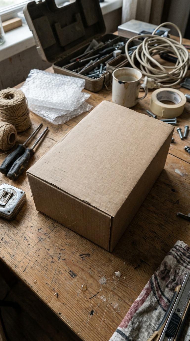 Amateur handheld phone photo of plain product packaging on a cluttered work table, imperfect angle a