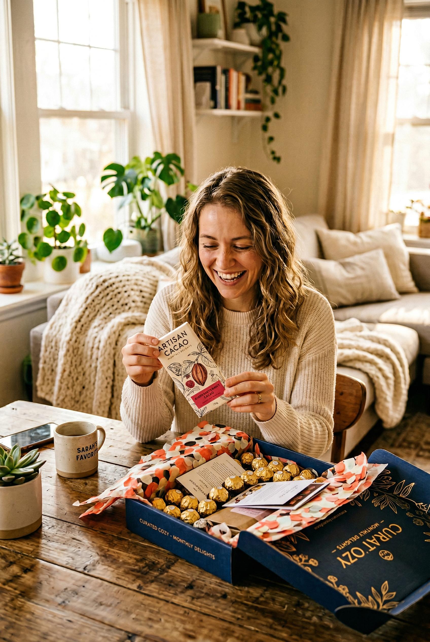 A woman with a genuine excited smile unboxing a premium subscription box at her kitchen table in a warm sun...
