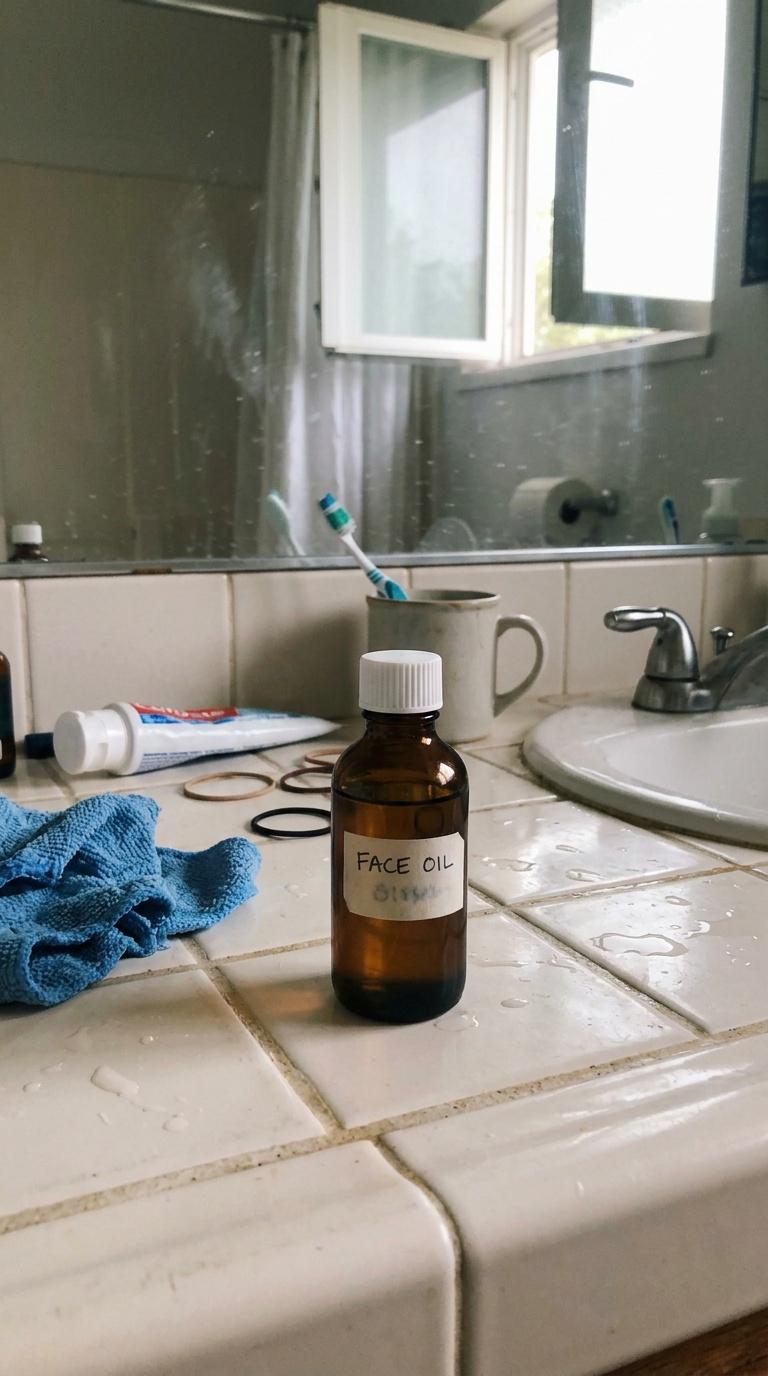 Amateur handheld phone photo of a small beauty product on a slightly messy bathroom counter, imperfe