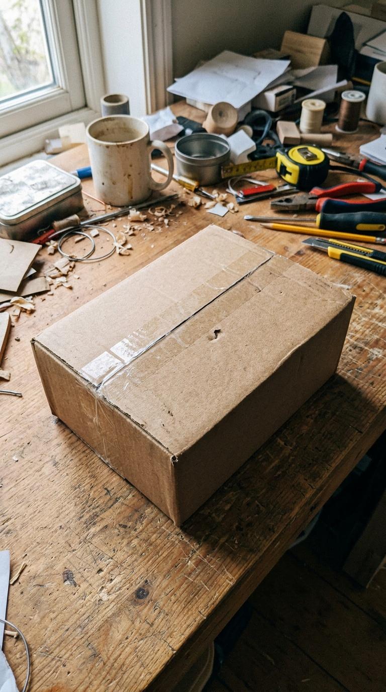 Amateur handheld phone photo of plain product packaging on a cluttered work table, imperfect angle a