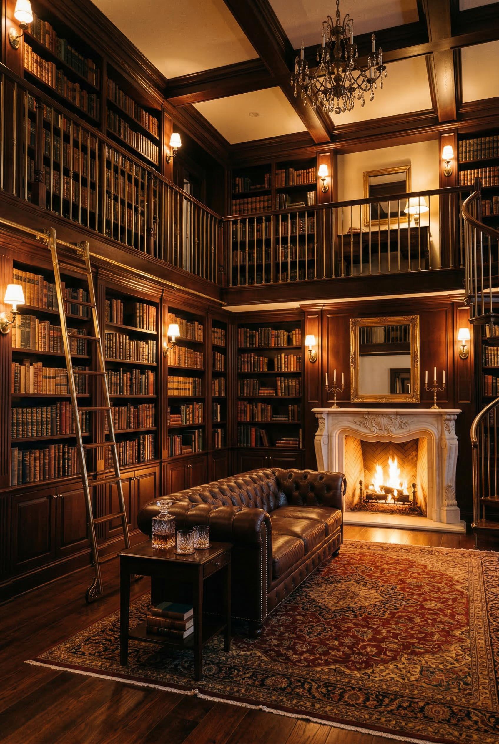 A grand double-height home library with floor-to-ceiling dark mahogany bookshelves lining every wall