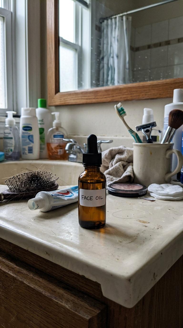 Amateur handheld phone photo of a small beauty product on a slightly messy bathroom counter, imperfe