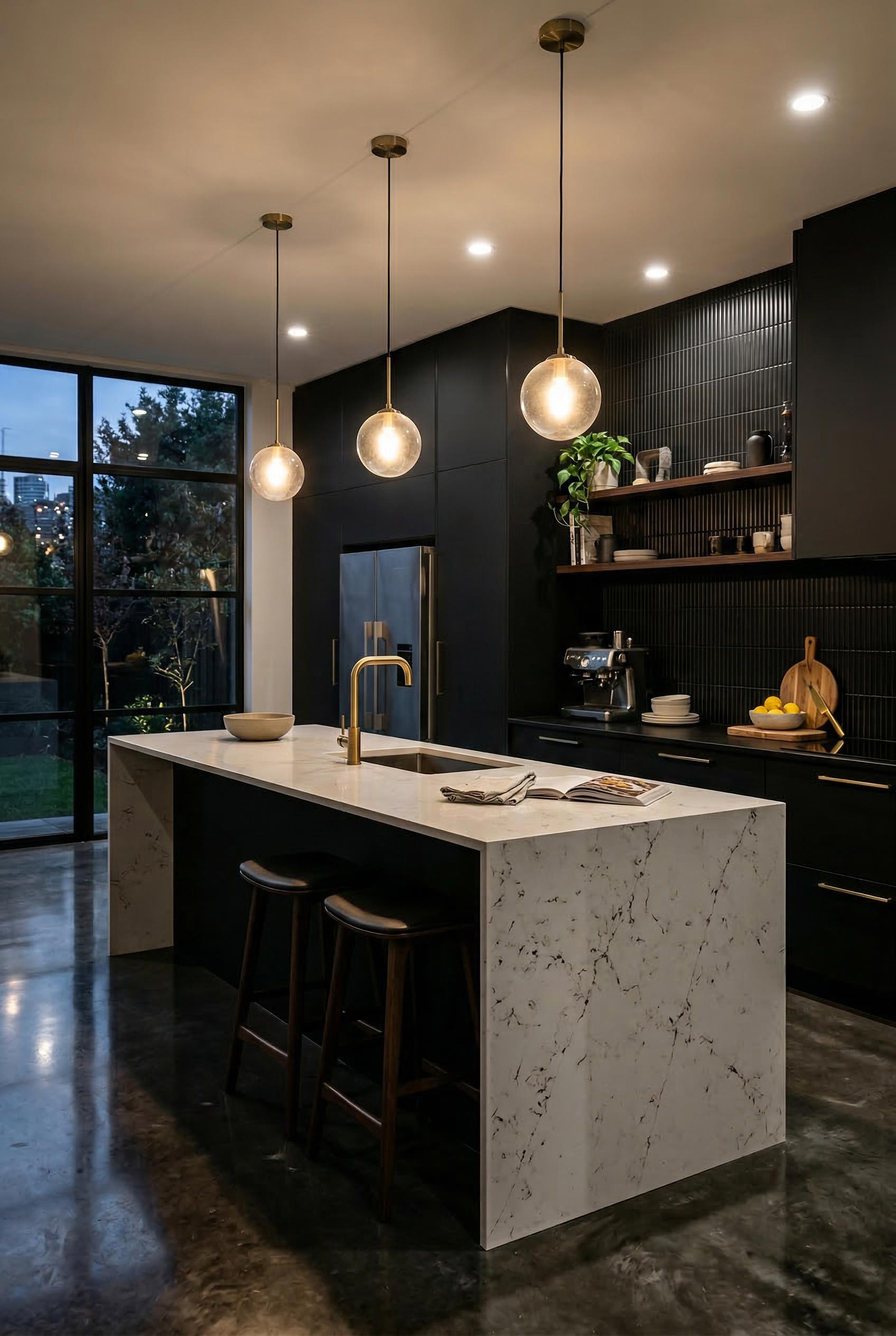 A sleek modern kitchen with matte black cabinetry and a large waterfall-edge quartz island in white with subtle grey veining. Brushed brass fixtures including cabinet handles, faucet, and pendant globe lights hanging above the island. Fully integrated stainless steel appliances behind handleless cabinet doors. The backsplash is black fluted tile. Dark polished concrete floors reflect the dramatic contrast lighting from recessed ceiling spots and the pendant globes. Shot from a three-quarter angle, architectural visualization style, moody dramatic lighting, ultra realistic, high-end interior magazine quality. Render in Photorealistic style.