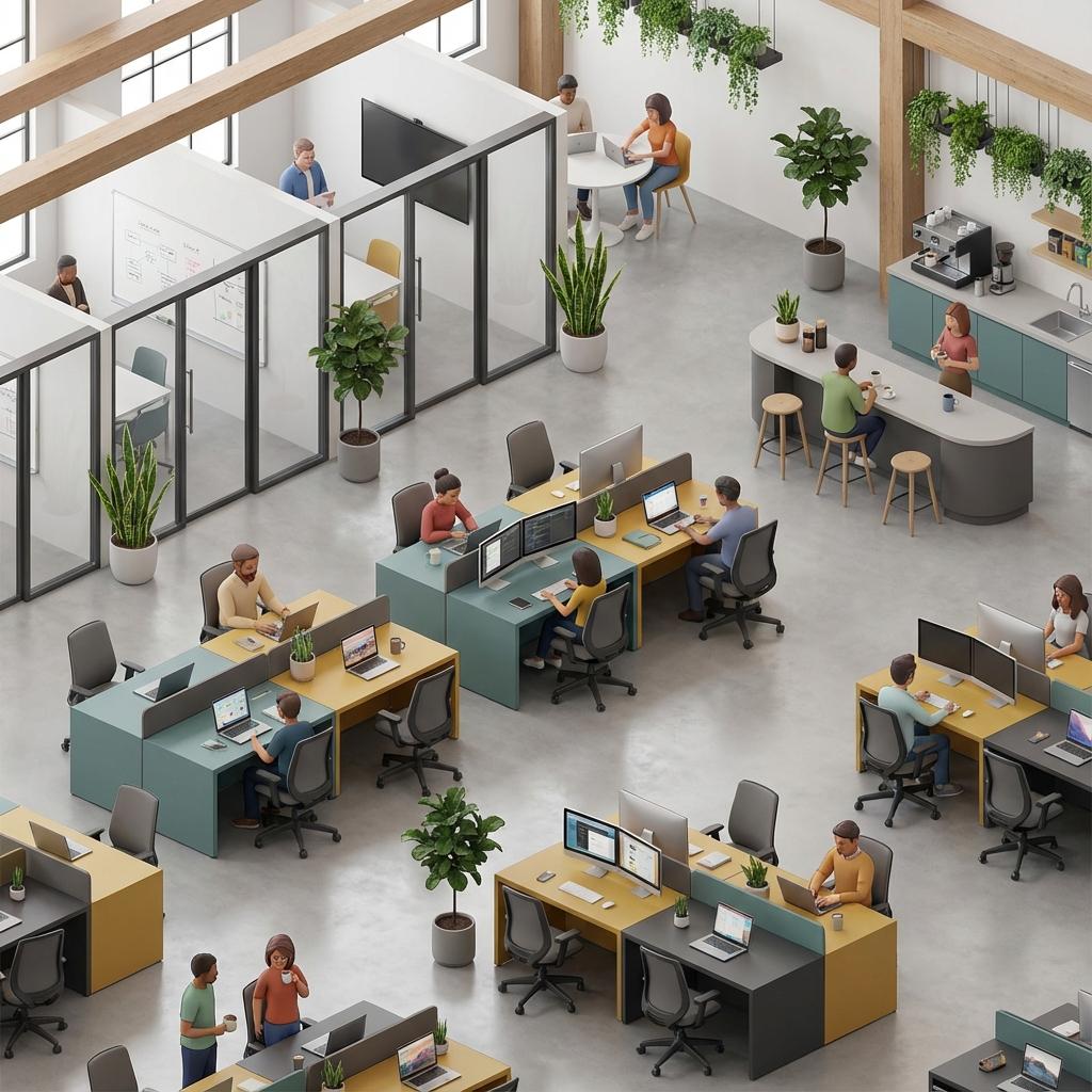 Isometric tech startup office with open floor plan, multiple workstations with computers, meeting rooms with glass walls