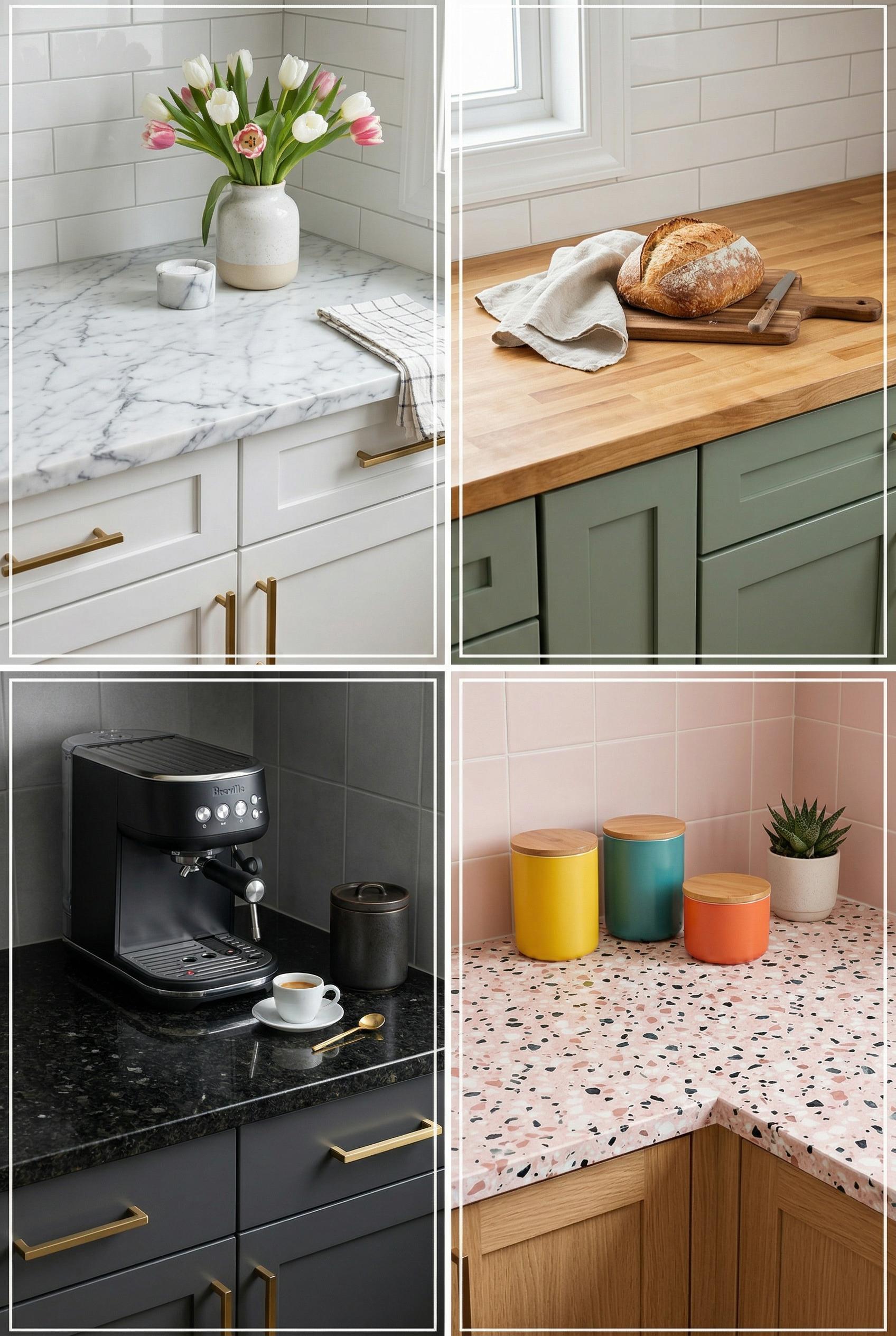 A 2x2 grid layout comparing four kitchen countertop materials, each shown in a styled kitchen vignette with consistent e