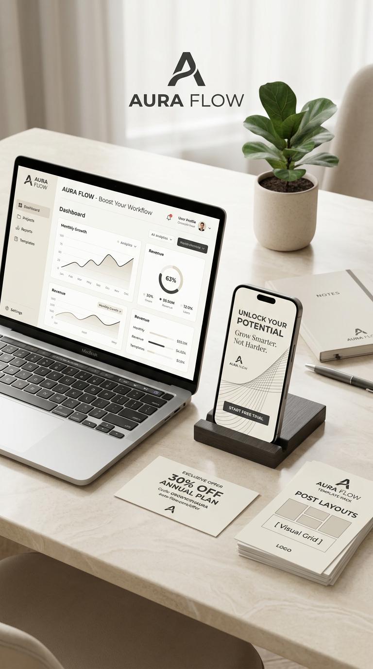 Create a premium vertical Pinterest marketing visual for a small business brand, featuring elegant smartphone and laptop