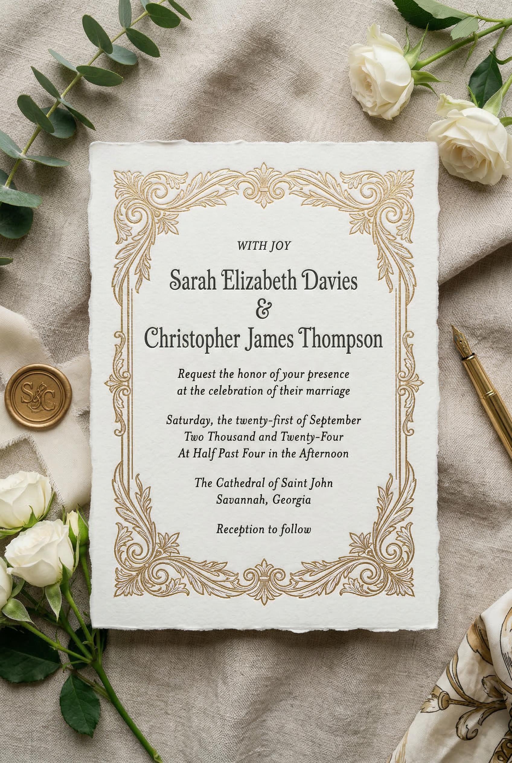 A classic elegant wedding invitation with traditional serif typography, cream card stock, embossed border, simple and ti