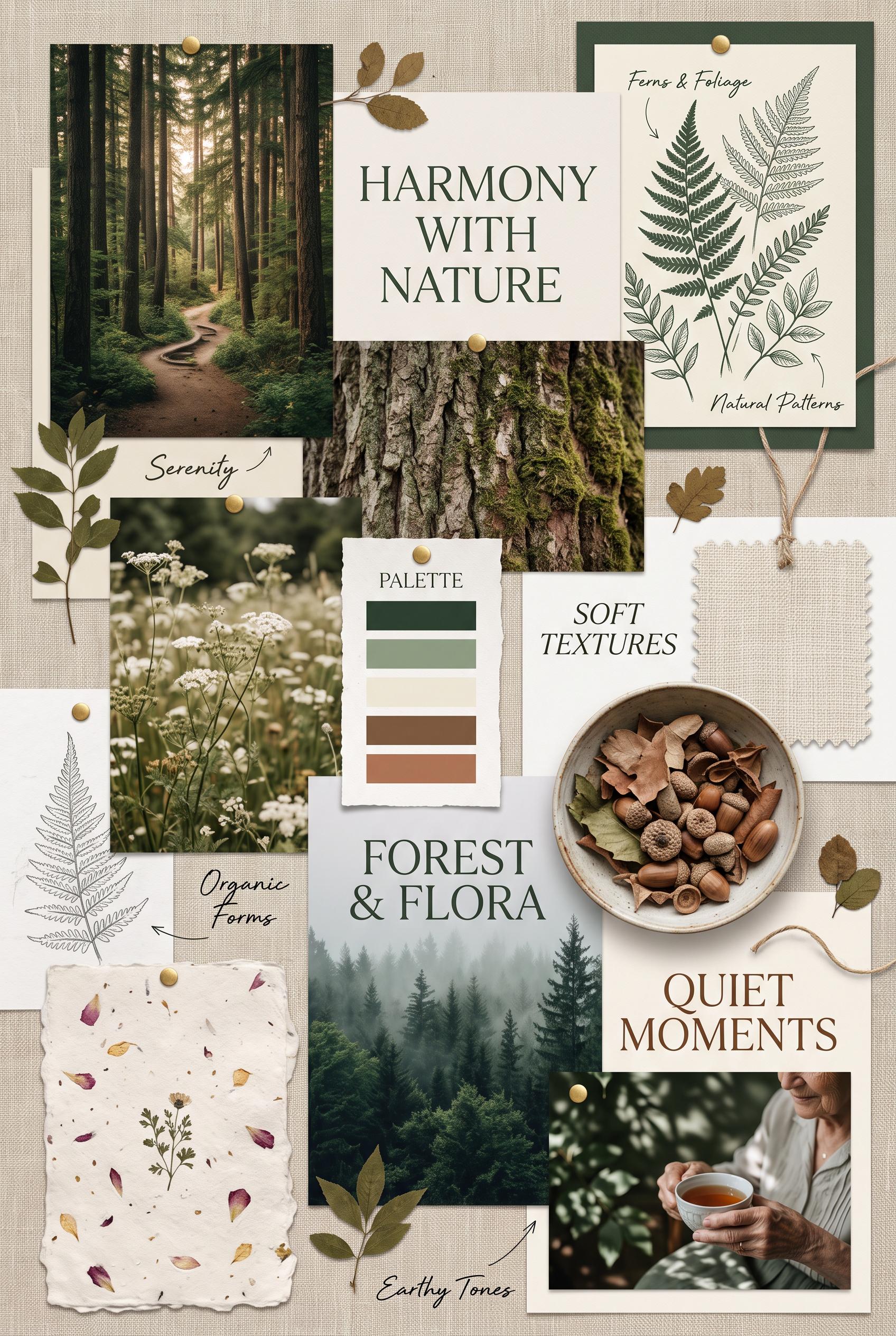Create a vertical 2:3 composition presenting a nature-inspired moodboard. Include earthy images like forest...