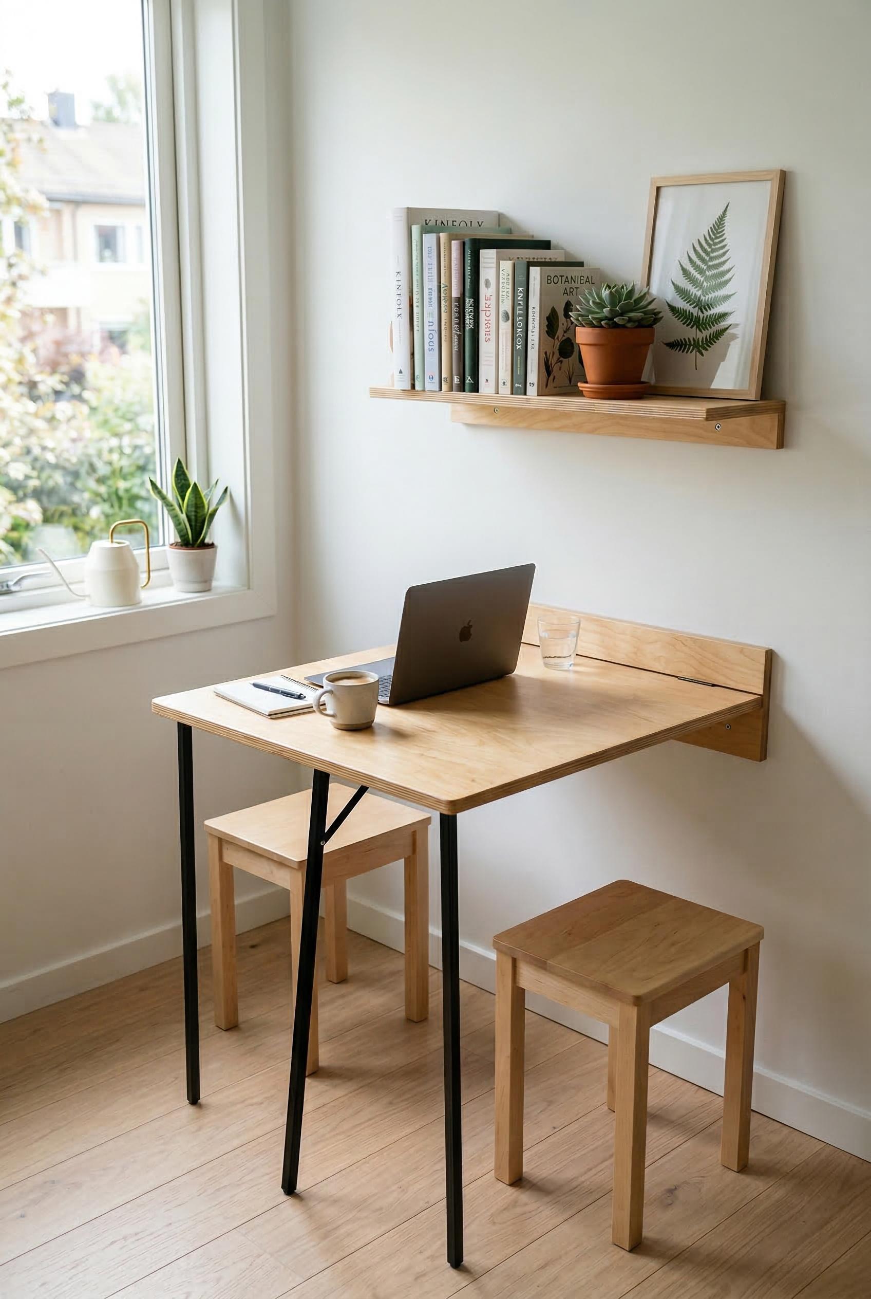 A clever convertible dining-to-workspace setup in a small apartment featuring a wall-mounted birch plywood drop-leaf tab