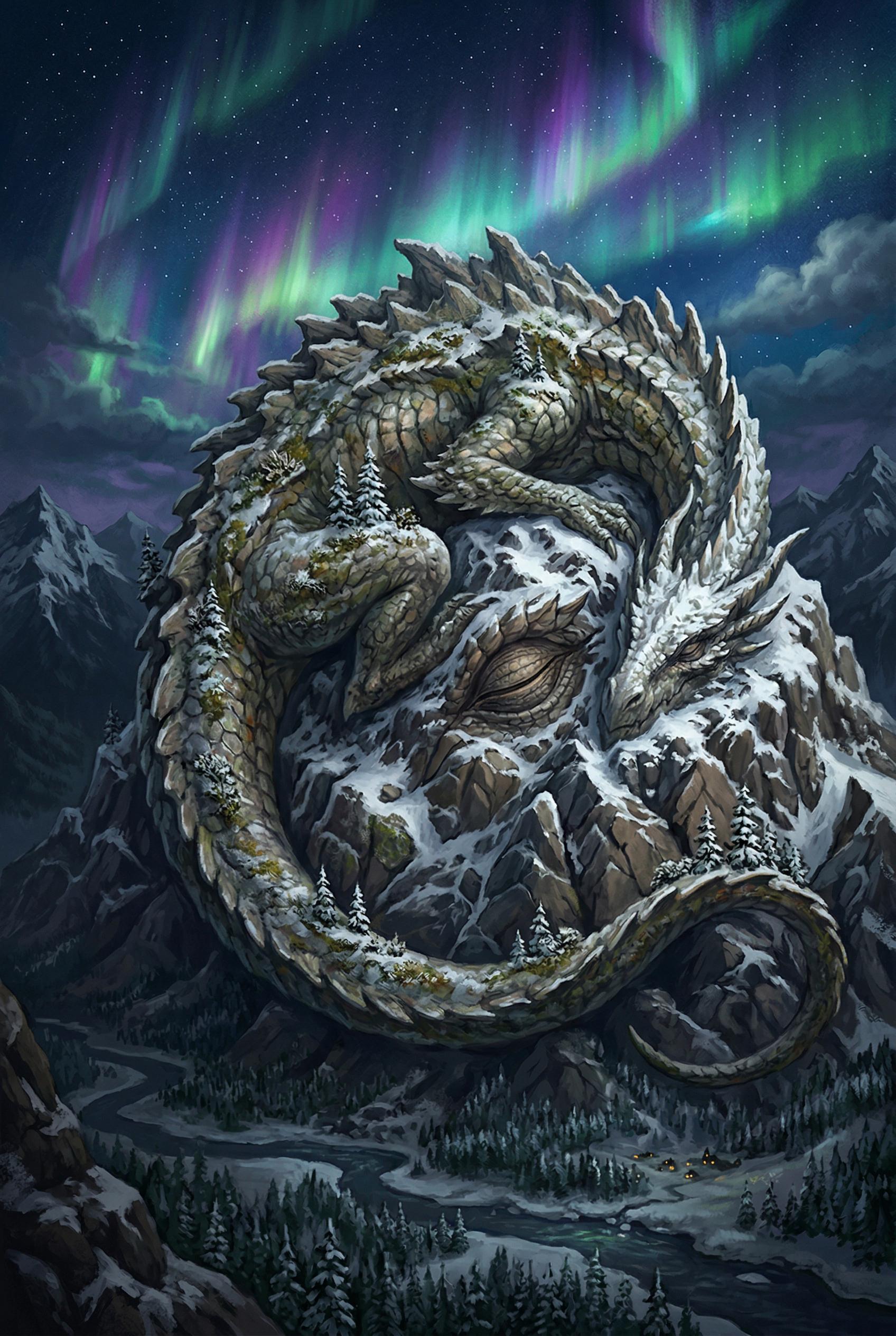 An enormous ancient dragon sleeping peacefully curled around a rugged mountain peak, its massive scales in earthy tones 