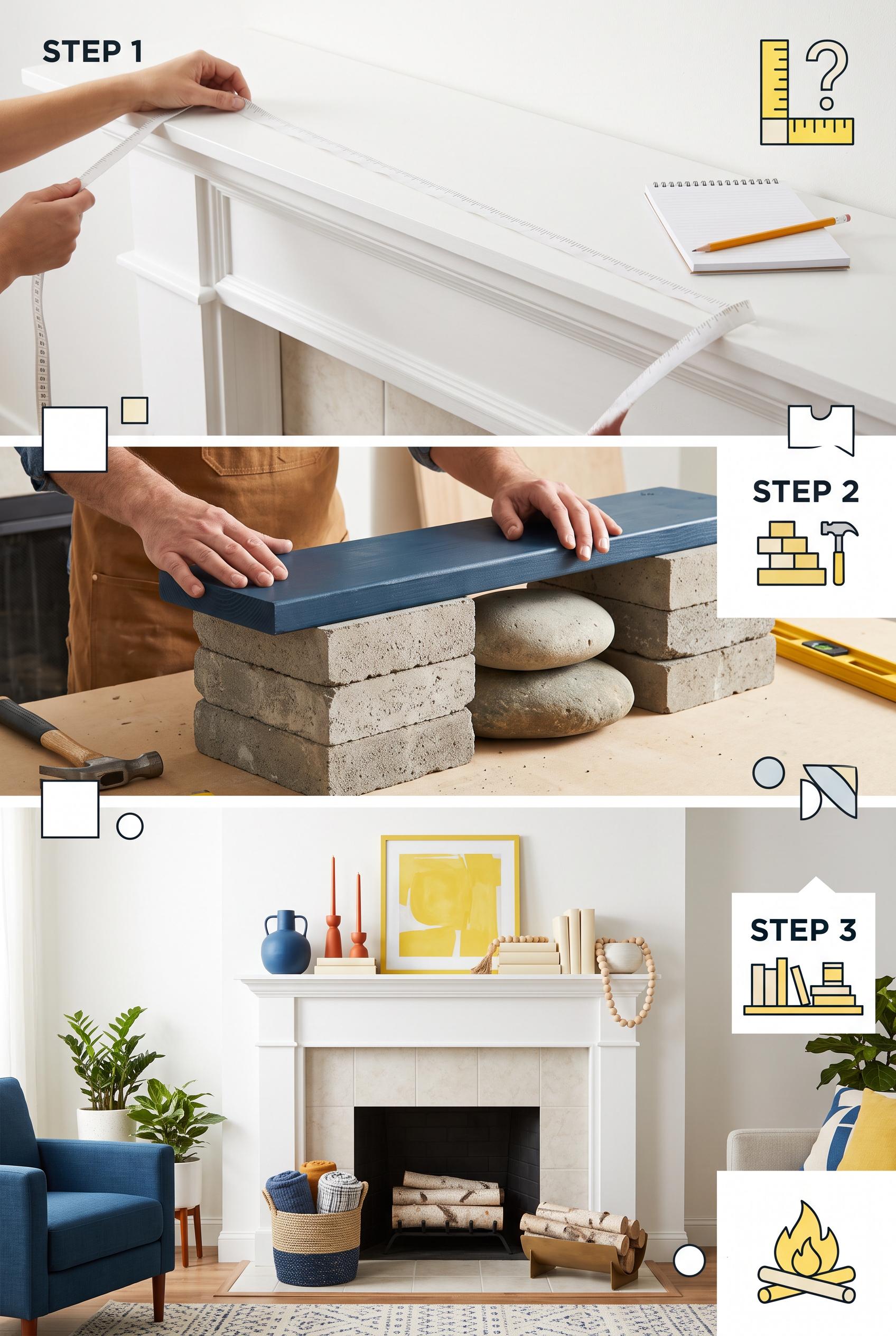 Create a commercial-quality interior styling tutorial in a vertical 2:3 Pinterest composition. Use a three-...