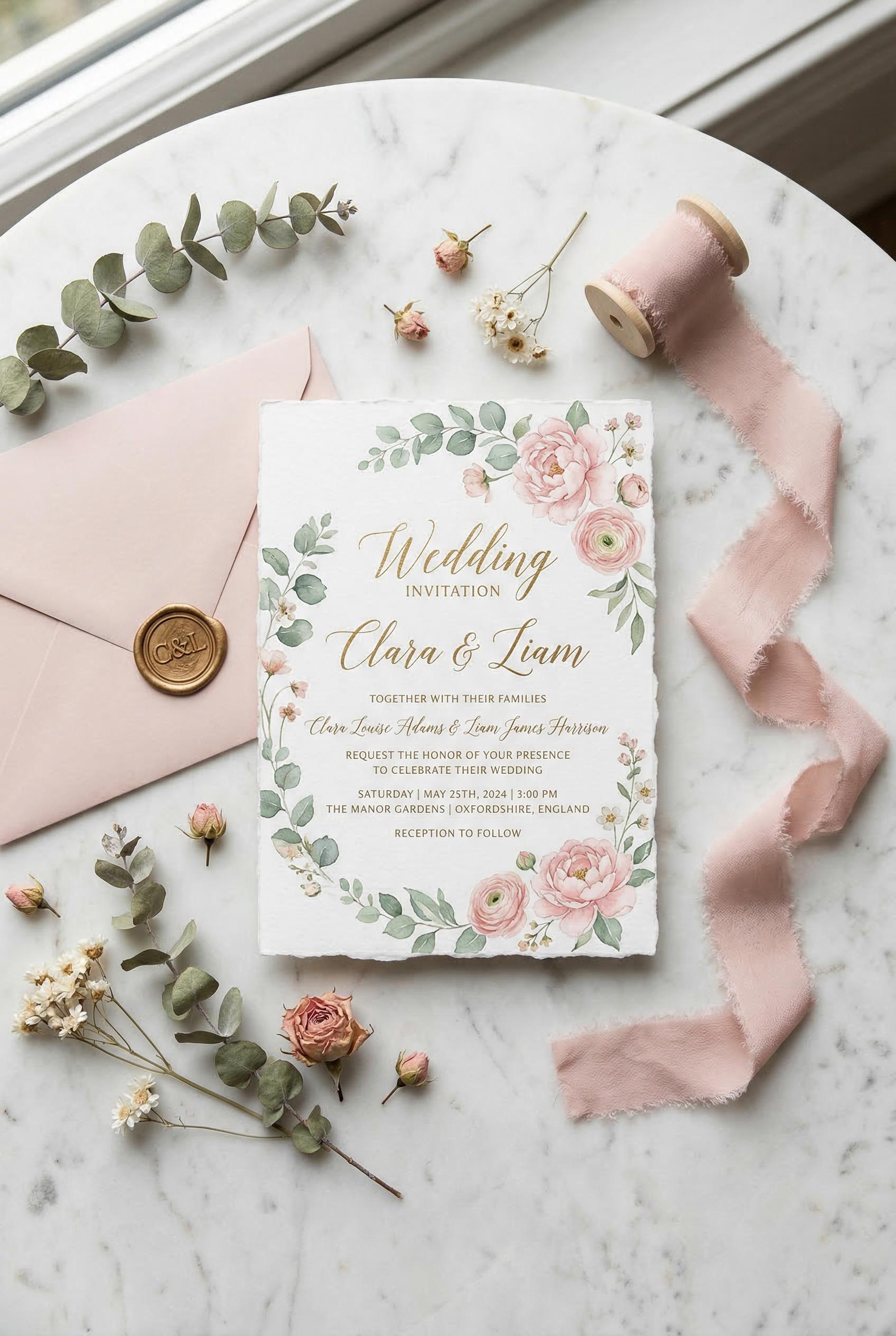 An elegant watercolor wedding invitation flat lay on a marble surface, blush pink and sage green floral design with peon