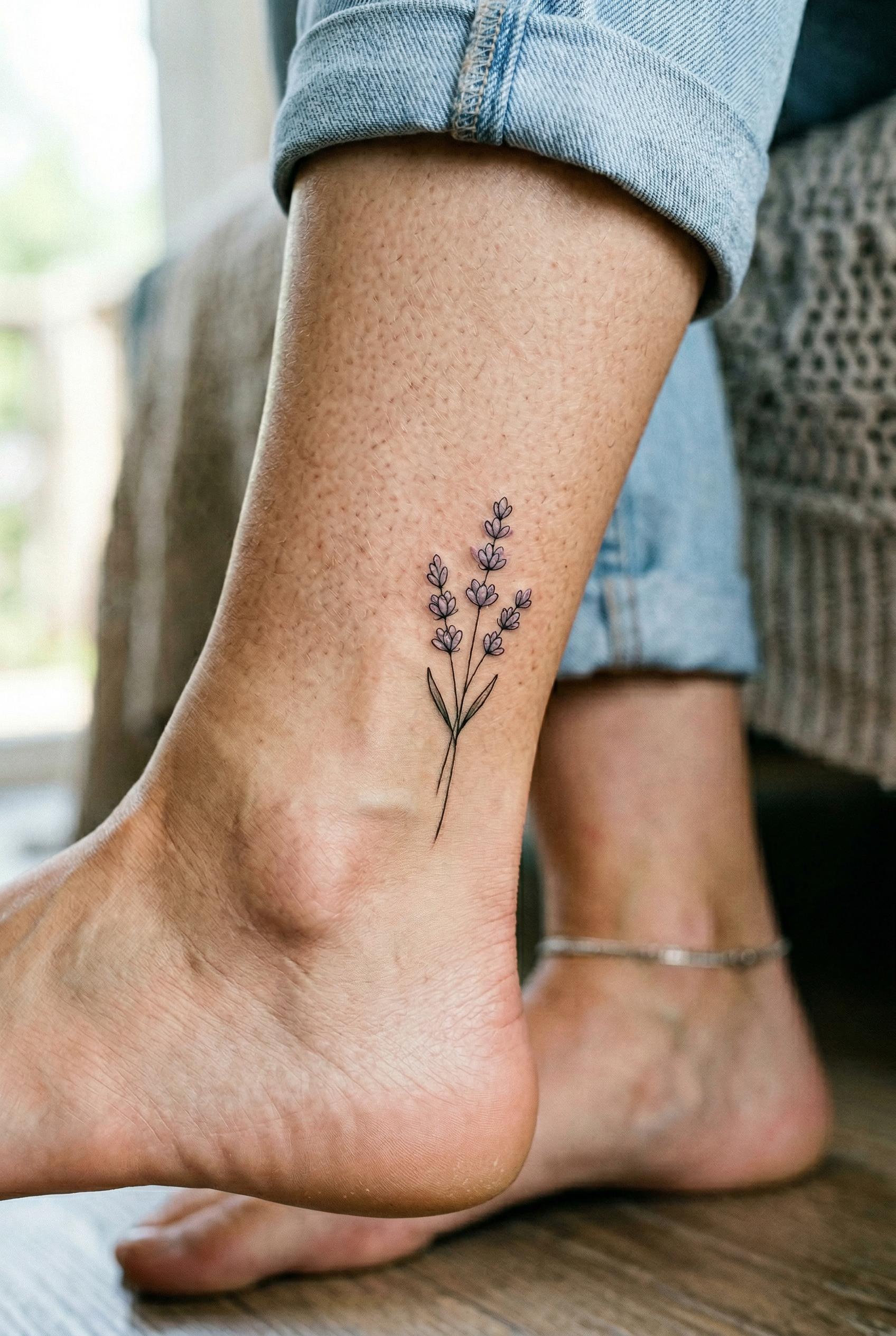 A tiny fine-line lavender sprig tattoo on the inner ankle, featuring 3-4 small lavender flower buds on a si...
