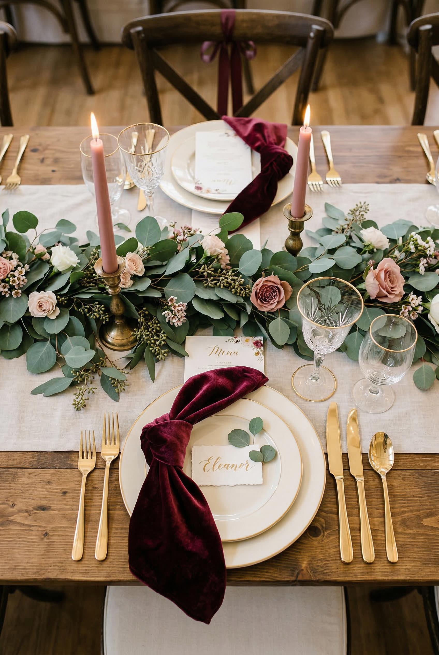 An elegant wedding table setting with burgundy velvet napkins, gold cutlery, dusty rose candles, cream plates, and eucal