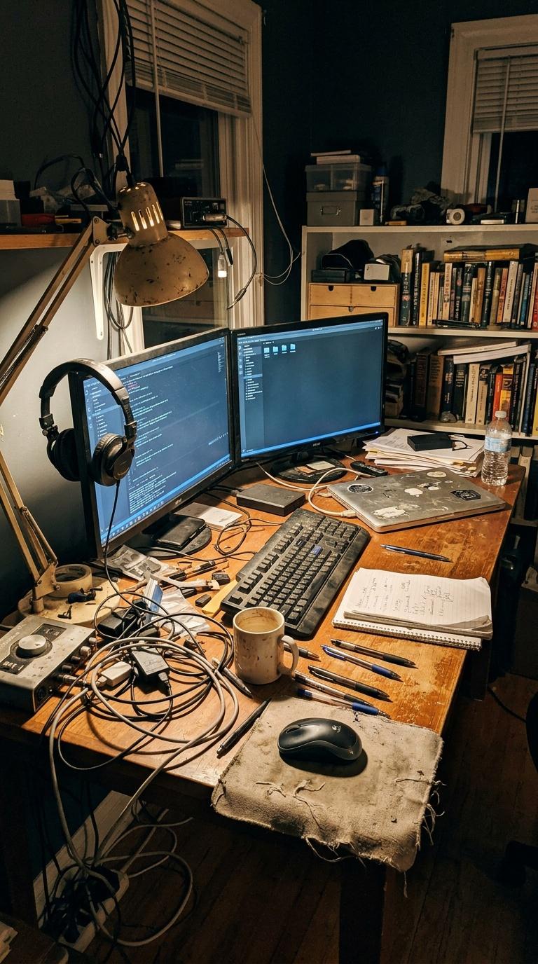 Amateur handheld phone photo of a creator's cluttered desk setup before branding and styling, imperfect pho...