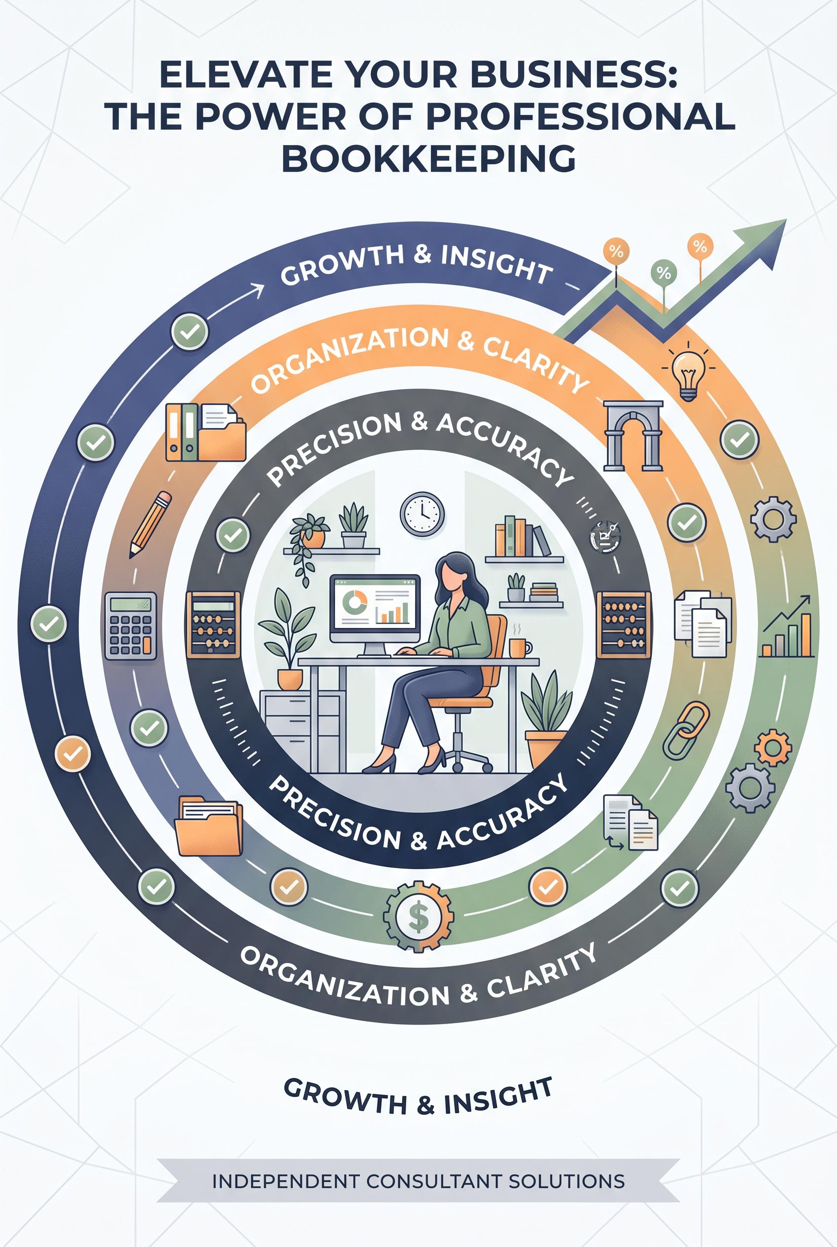 Commercial-quality educational marketing visual for an independent bookkeeping consultant, vertical 2:3 Pin...