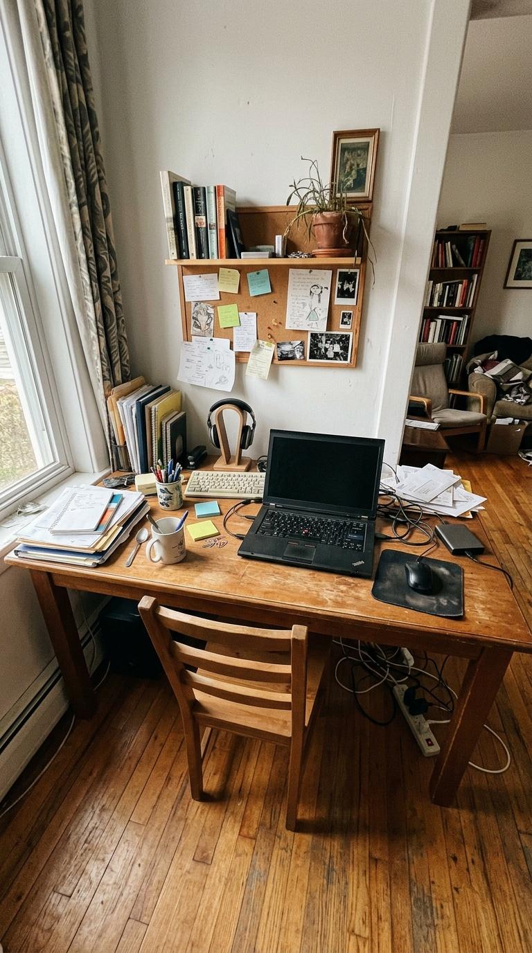 Amateur handheld phone photo of a slightly messy home desk area before redesign, imperfect wide-angle frami...