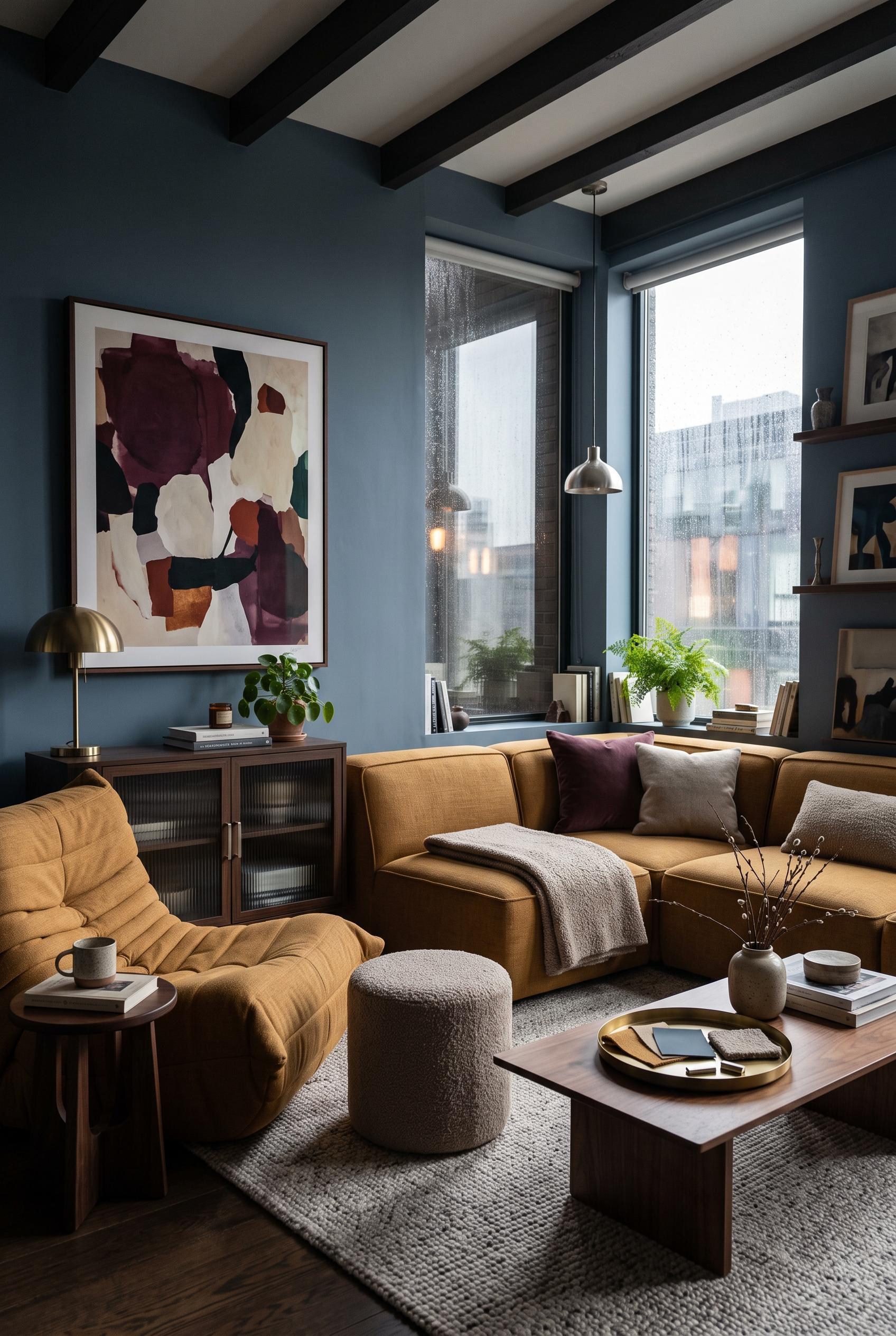 Create a commercial-quality interior design showcase in a vertical 2:3 Pinterest composition, viewed from a...