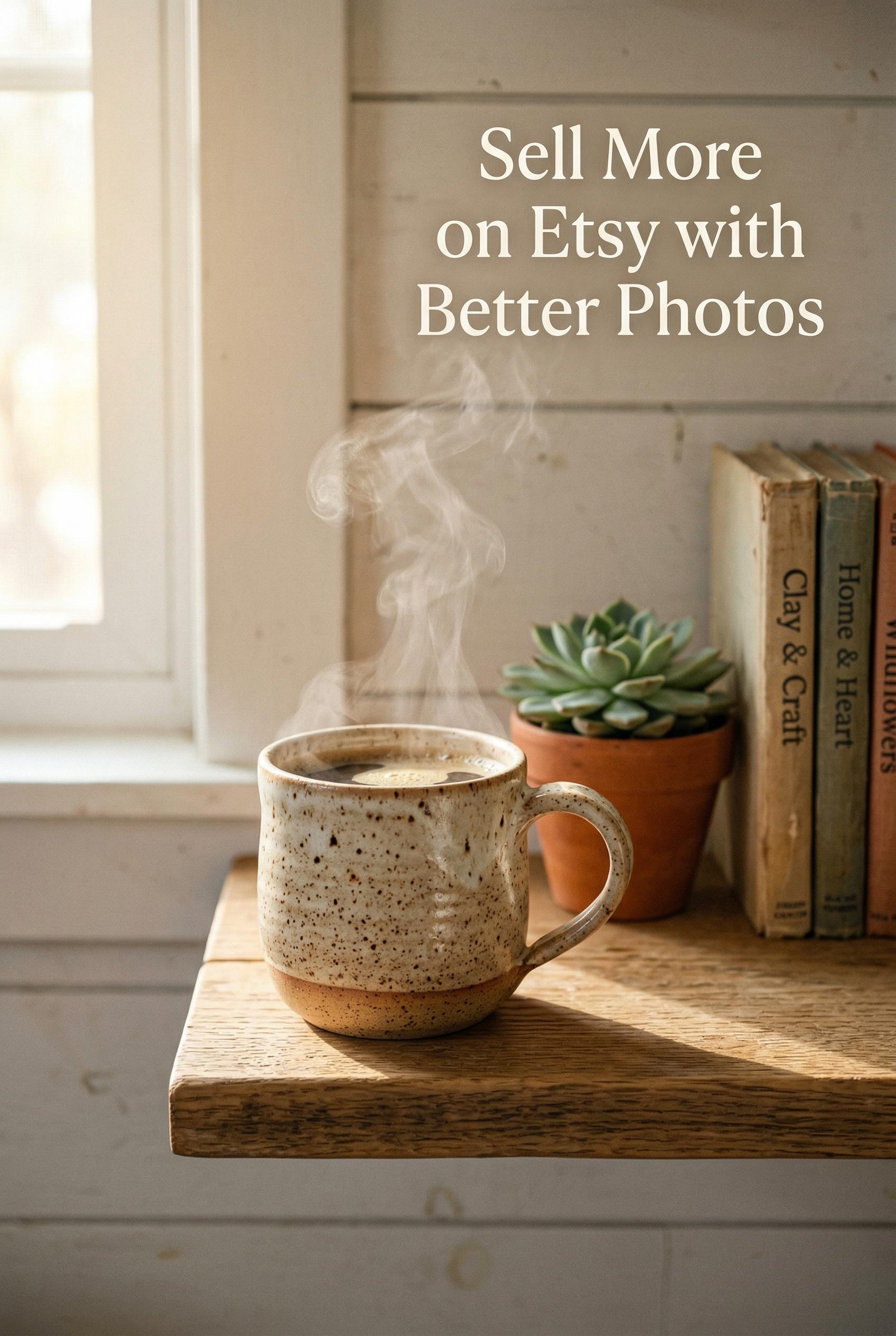 A hand-thrown ceramic mug with a beautiful speckled cream and terracotta glaze sitting on a natural wooden shelf against