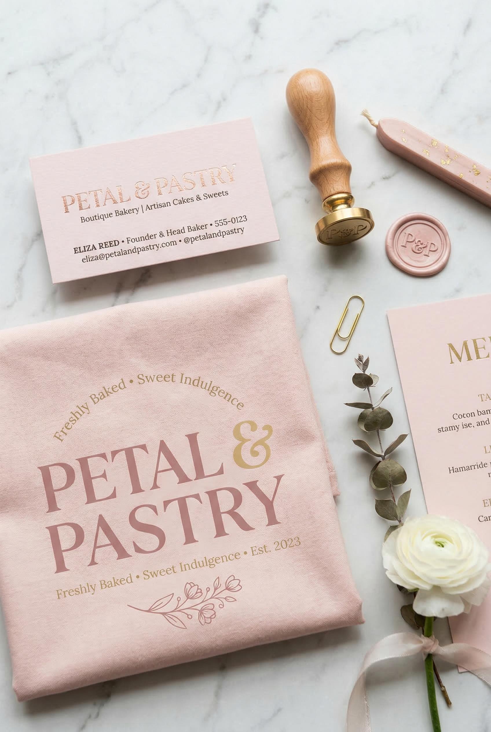 A complete brand identity suite mockup for a boutique bakery arranged on a white Carrara marble surface, featuring a pas