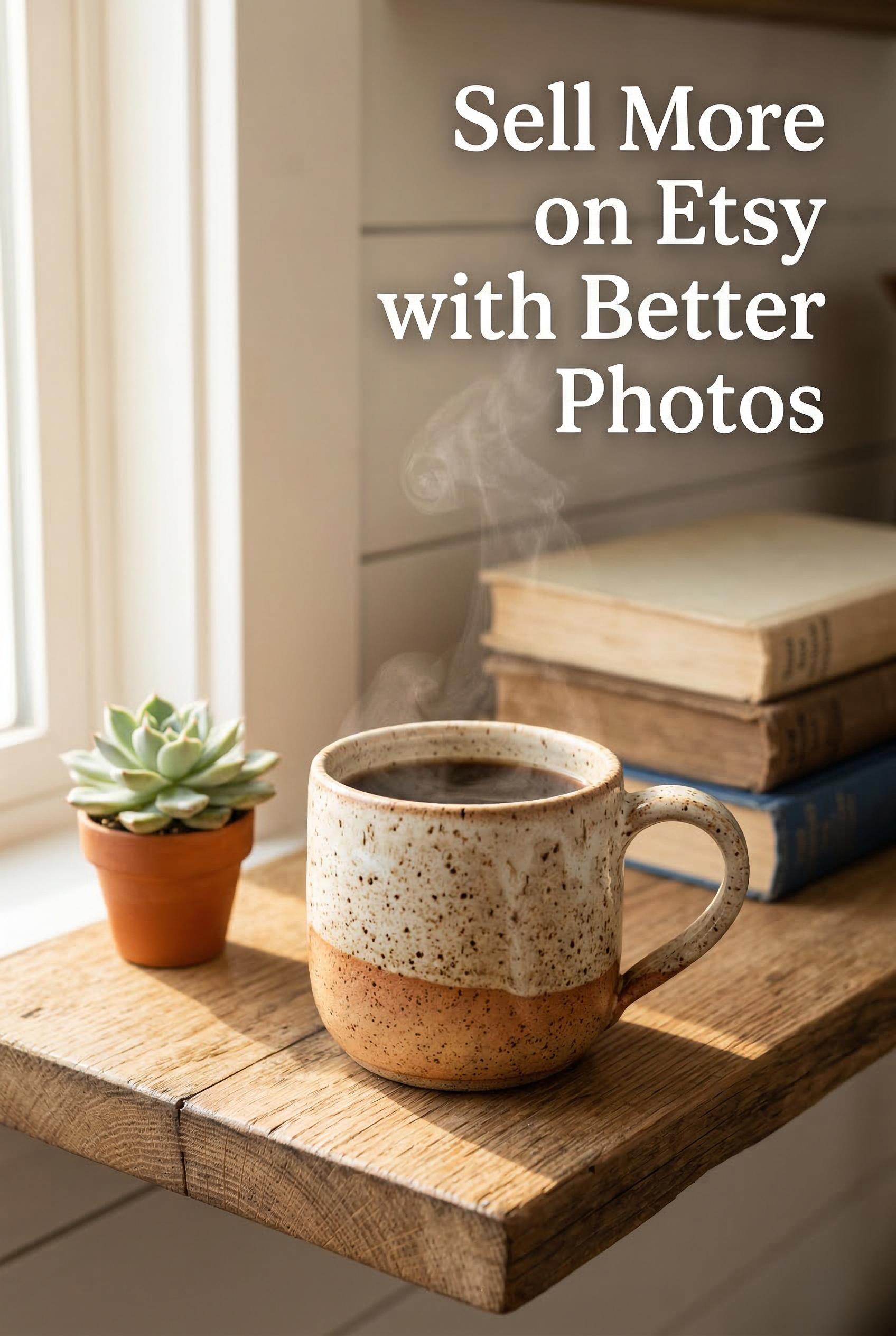 A hand-thrown ceramic mug with a beautiful speckled cream and terracotta glaze sitting on a natural wooden shelf against
