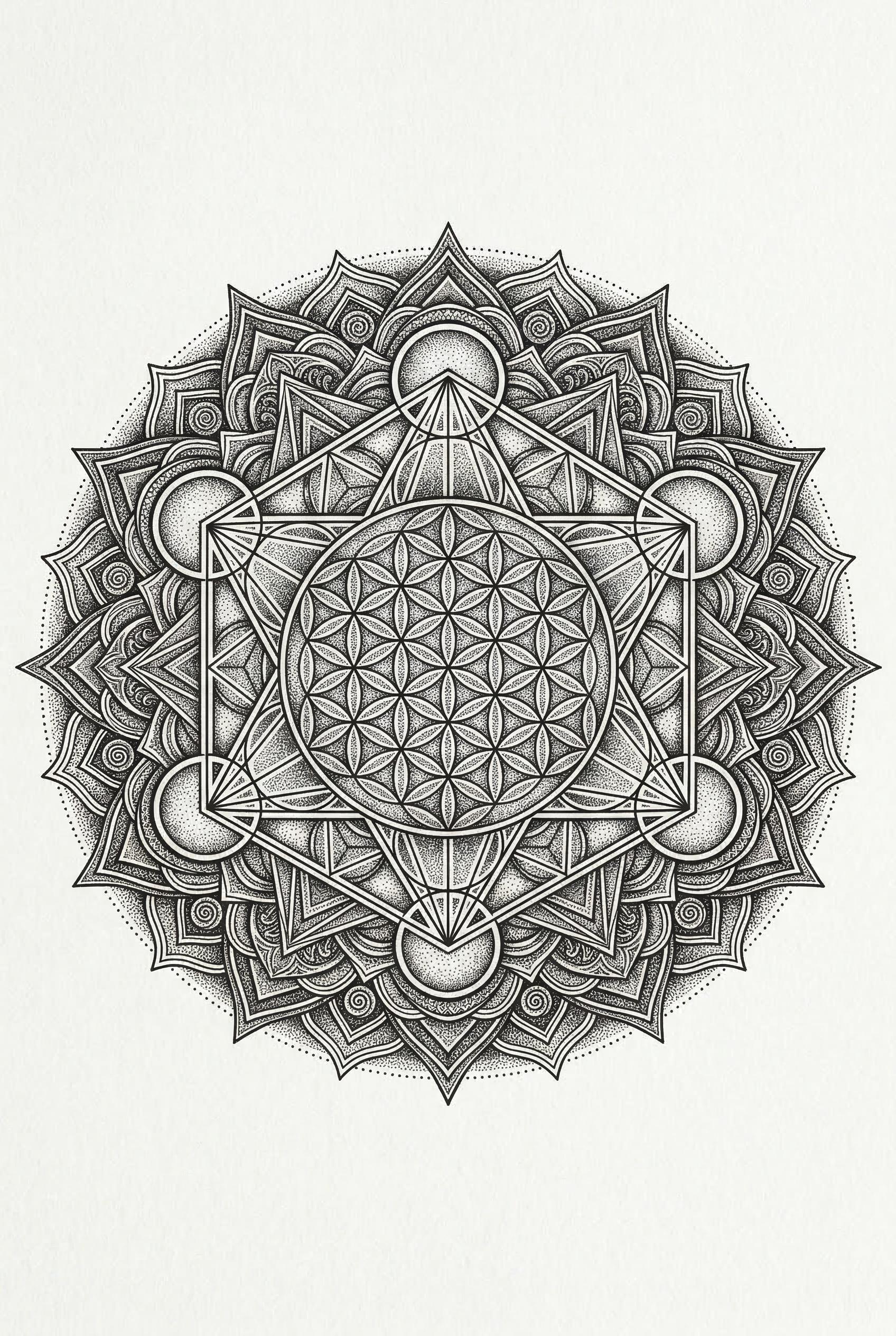 A sacred geometry mandala tattoo design, perfectly symmetrical circular pattern with interlocking geometric shapes, flow