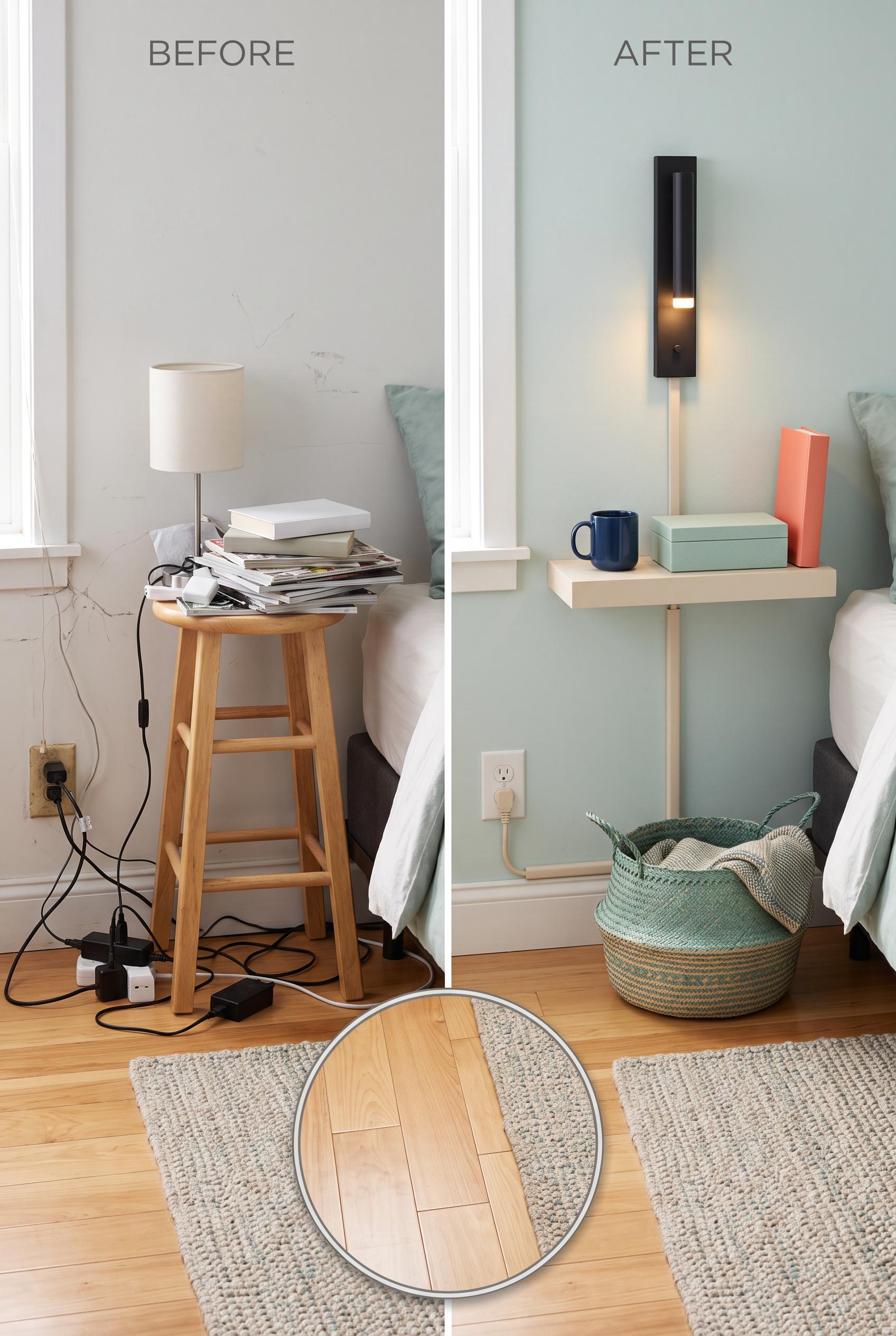 Create a commercial-quality interior design before-and-after image in a vertical 2:3 Pinterest composition....