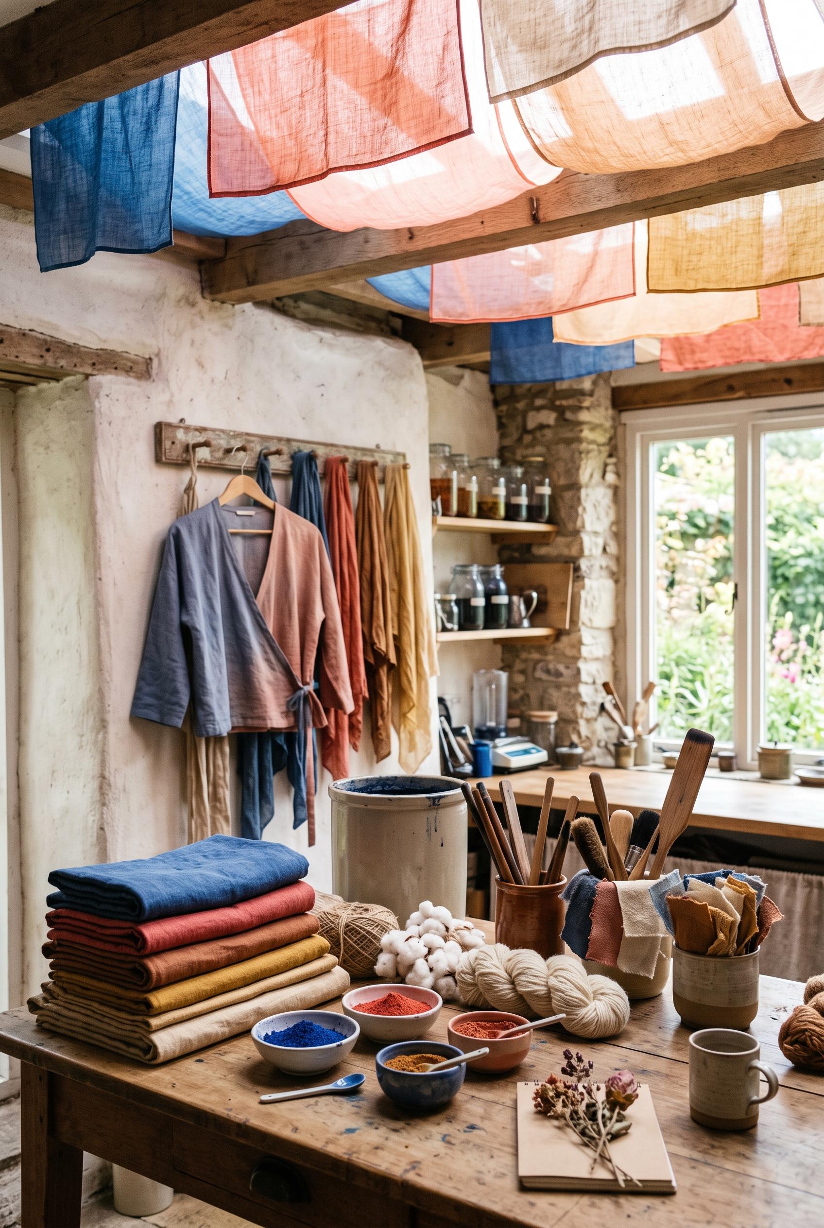 Create a commercial-quality vertical 2:3 Pinterest composition showcasing an independent fabric dyei