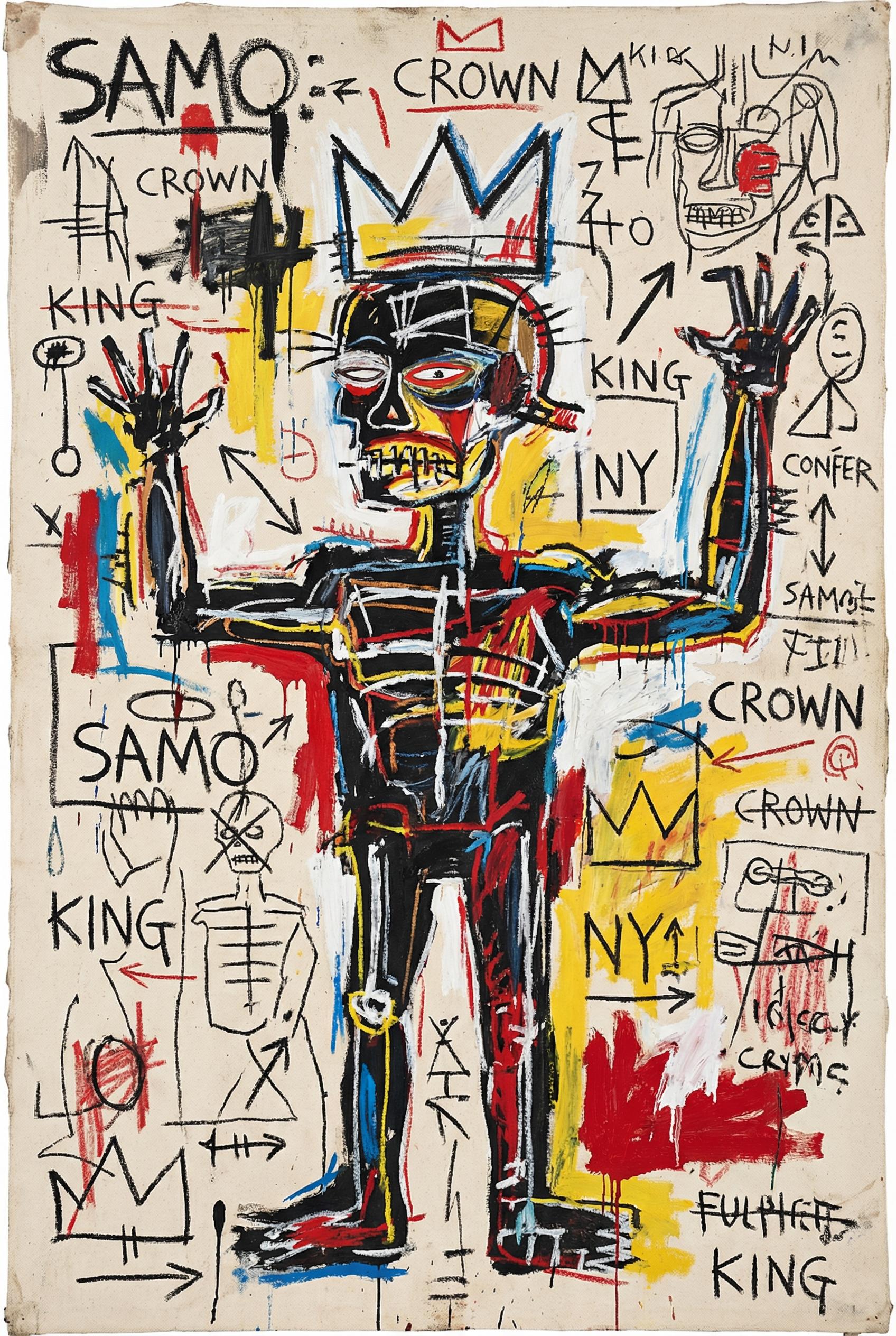 Basquiat Style AI image: A chaotic neo-expressionist painting of a skeletal figure wearing a crown, scribbled text and symbol
