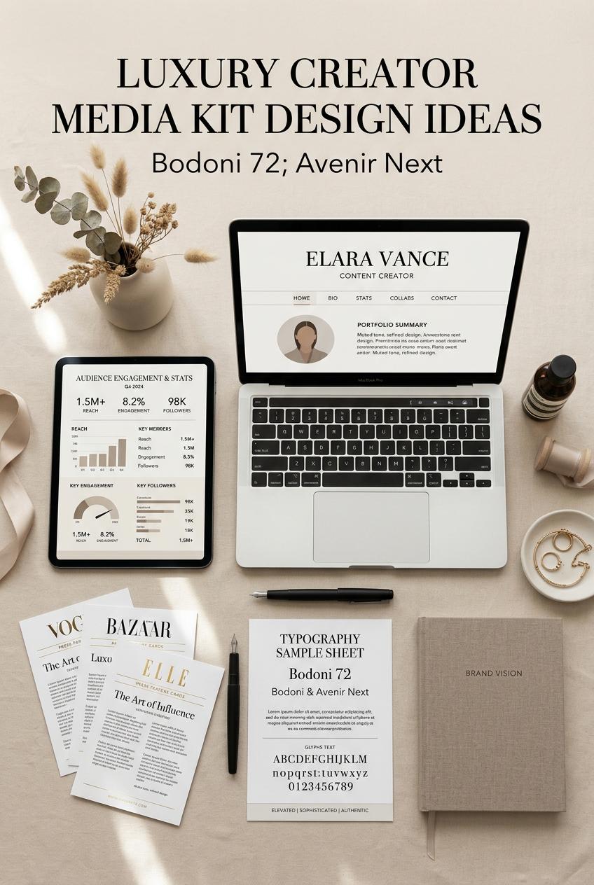 Premium creator-branding Pinterest pin in a polished editorial layout focused on a luxury creator media kit aesthetic: a