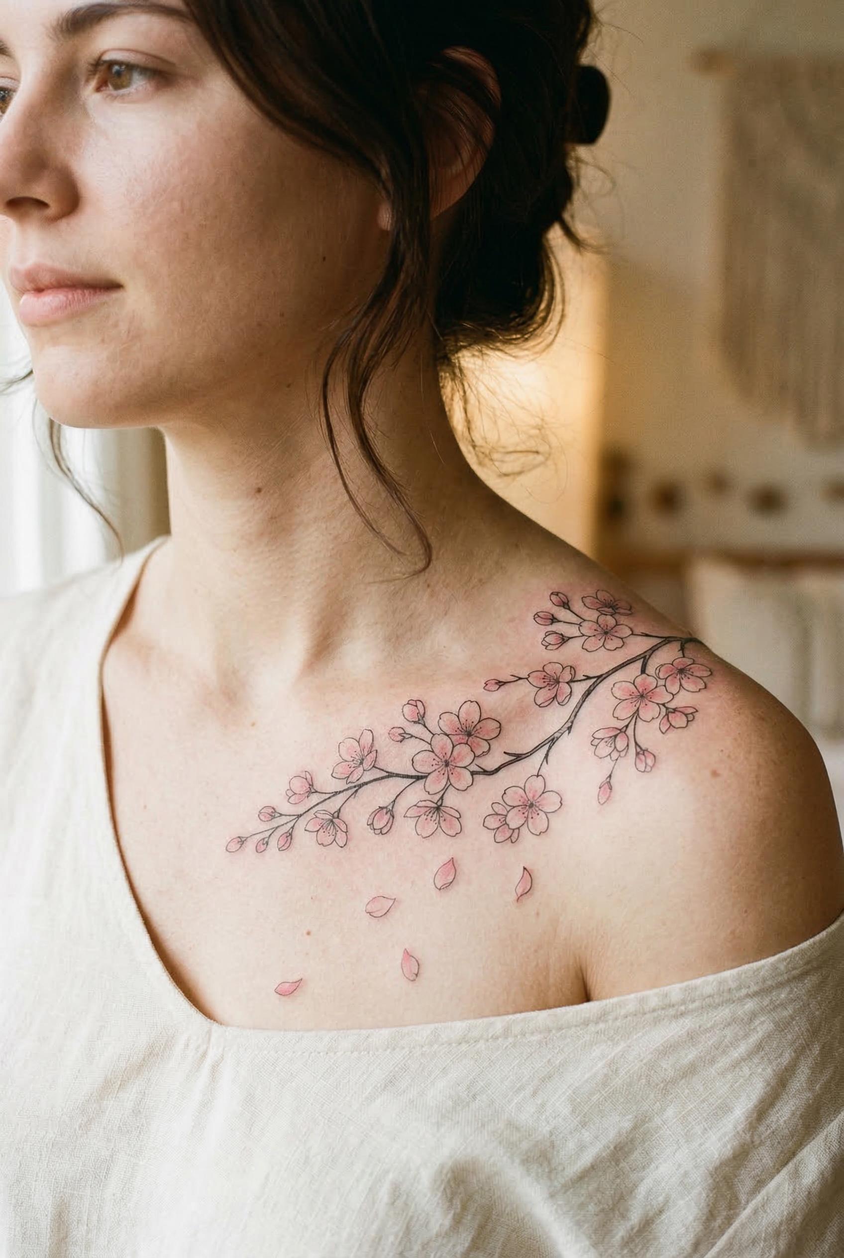 An elegant cherry blossom branch tattoo gracefully wrapping around a woman's collarbone, soft pink petals with delicate 