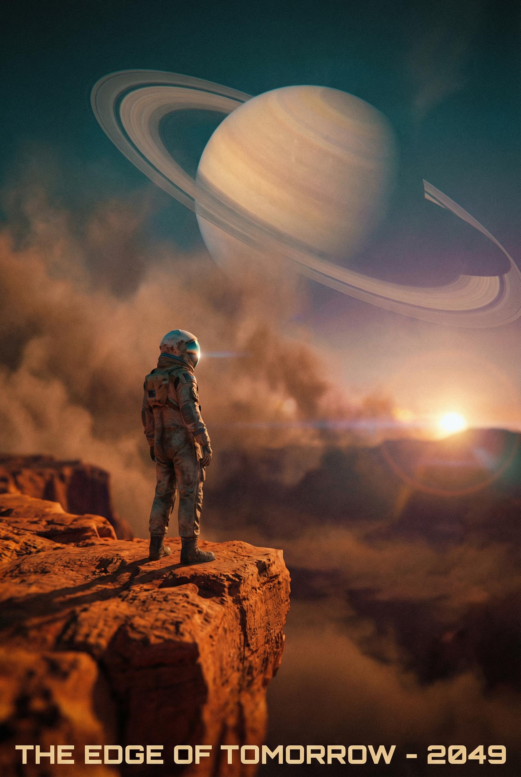 A wide cinematic shot of a lone astronaut standing on the edge of a cliff on Mars, looking at a giant ringed planet in the sky, dramatic teal and orange color grading, lens flare, dust particles, epic sci-fi movie still.
. Create this image in Cinematic Style with movie-quality dramatic lighting, professional cinematography composition, shallow depth of field, cinematic color grading, epic visual storytelling