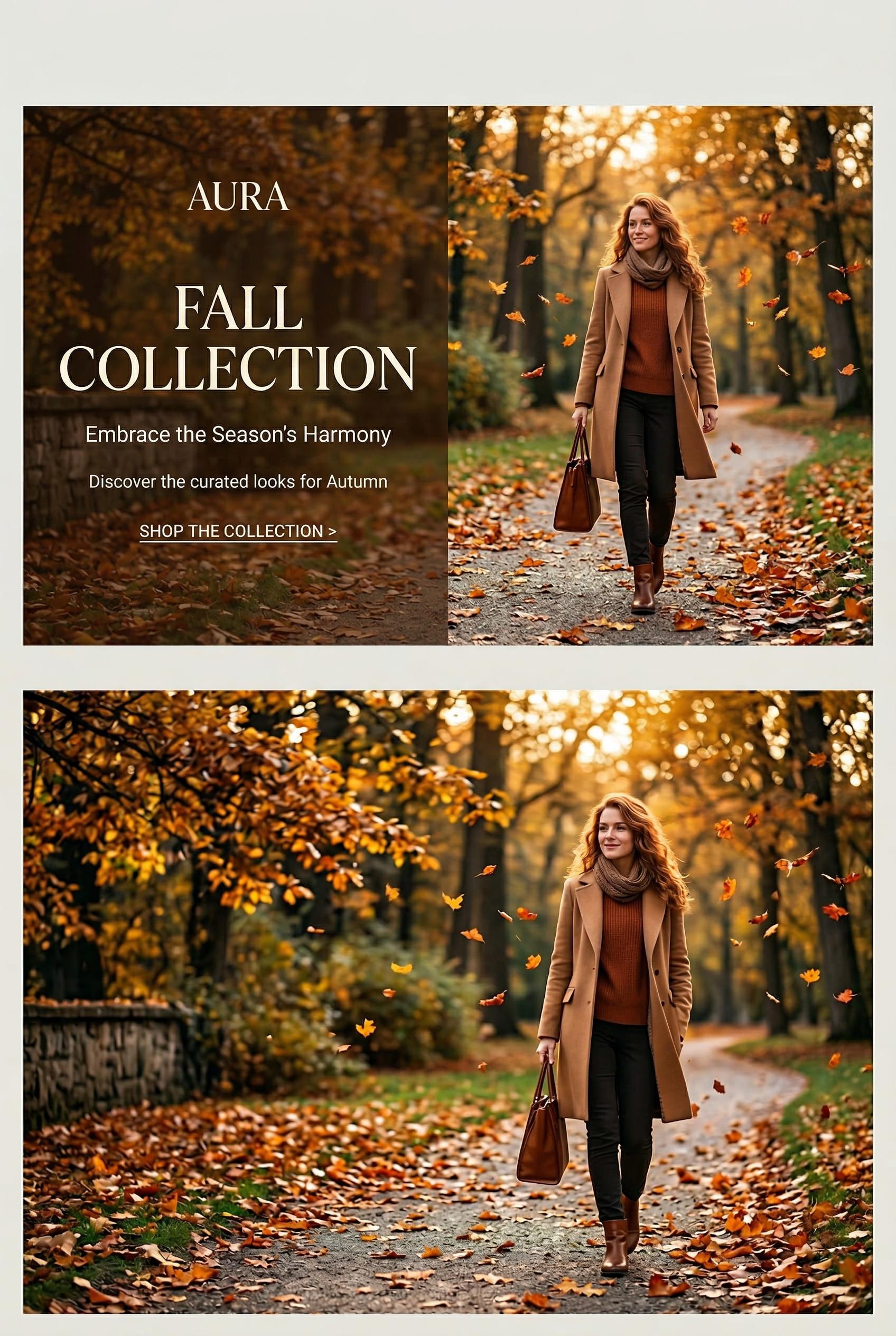 A professional email newsletter header for a fashion brand, featuring a model in autumn clothing walking through falling