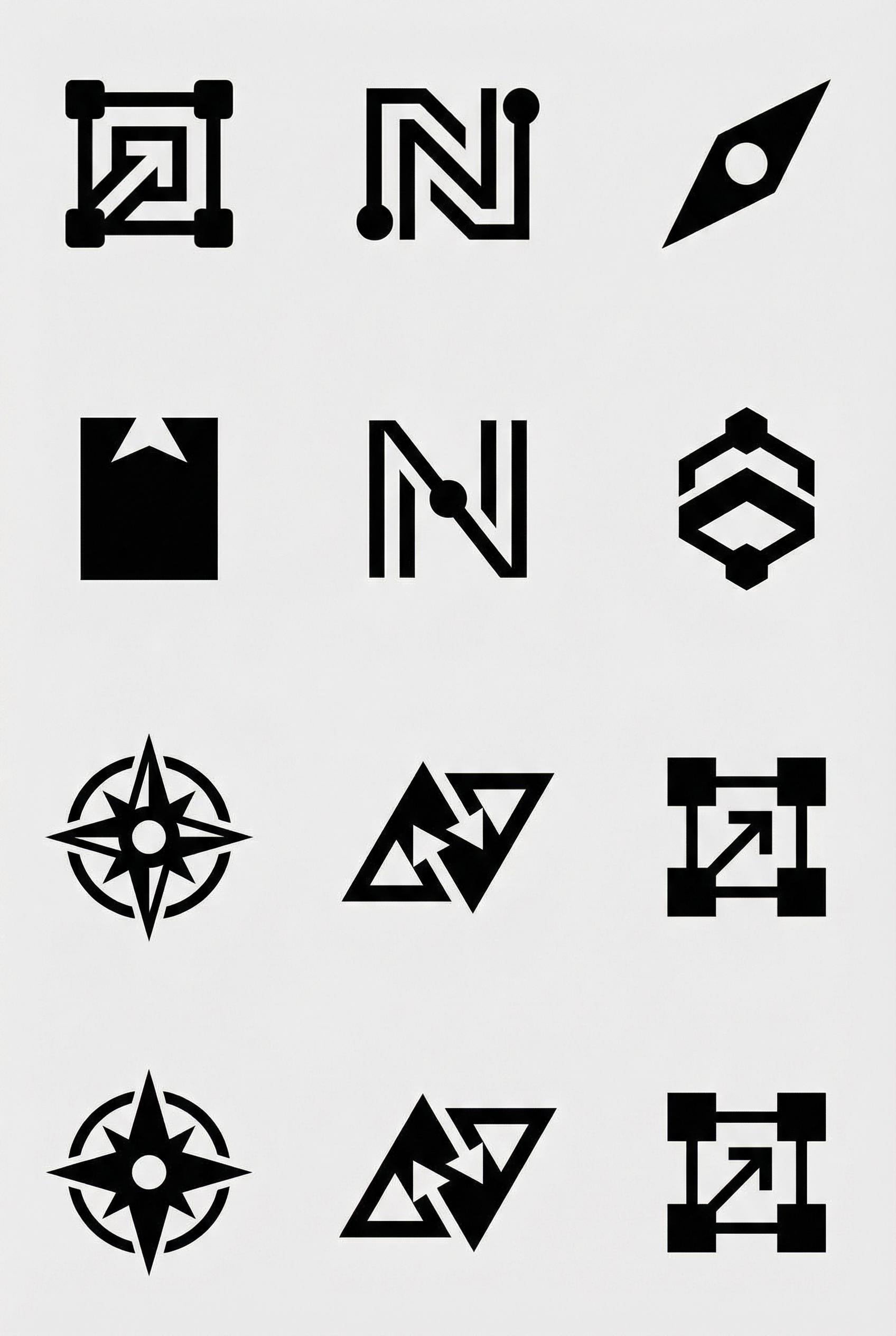 Set of 9 minimal logo mark concepts for a brand named ‘NORTHNODE’, geometric, flat vector style, str