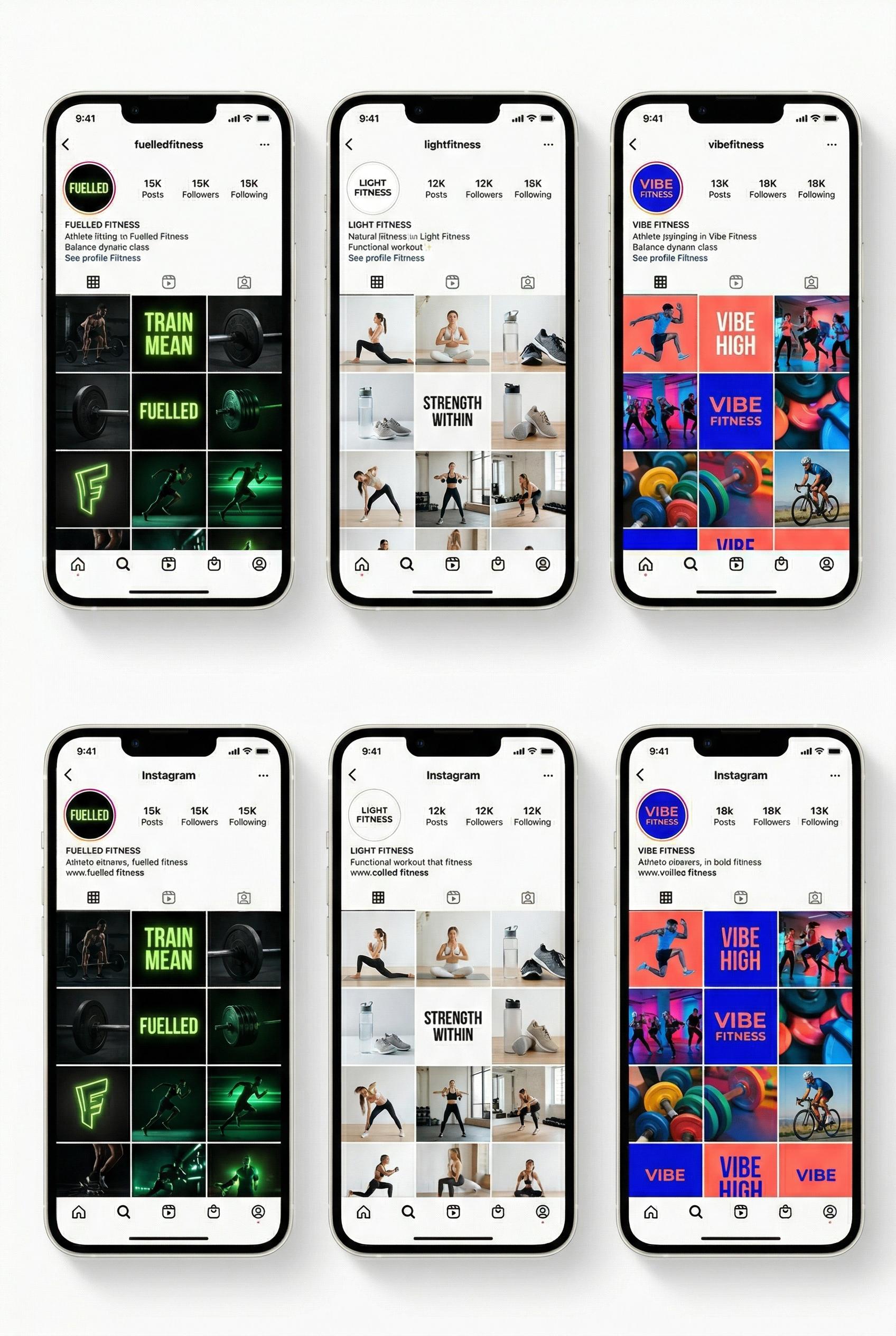 A side-by-side comparison of three different Instagram 9-post grid aesthetic previews displayed on white iP...